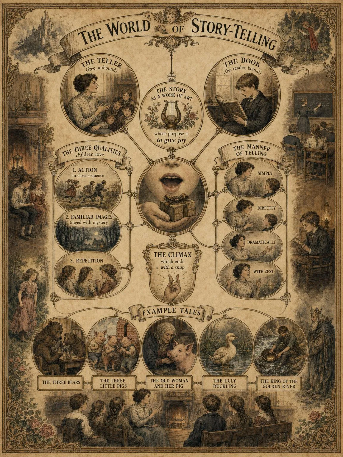 The World of Story-Telling: how the book's ideas connect, from the free teller to the joy-giving tale.