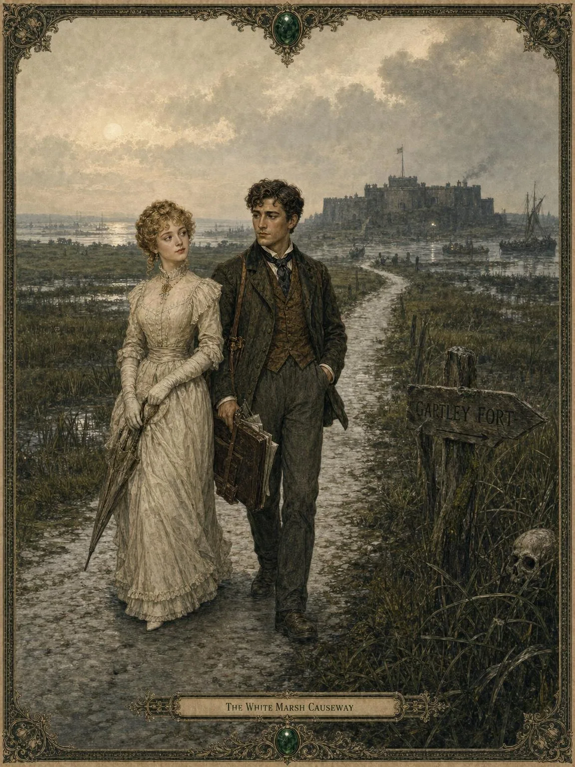 The Lovers on the Causeway — Archie and Lucy above the marsh.