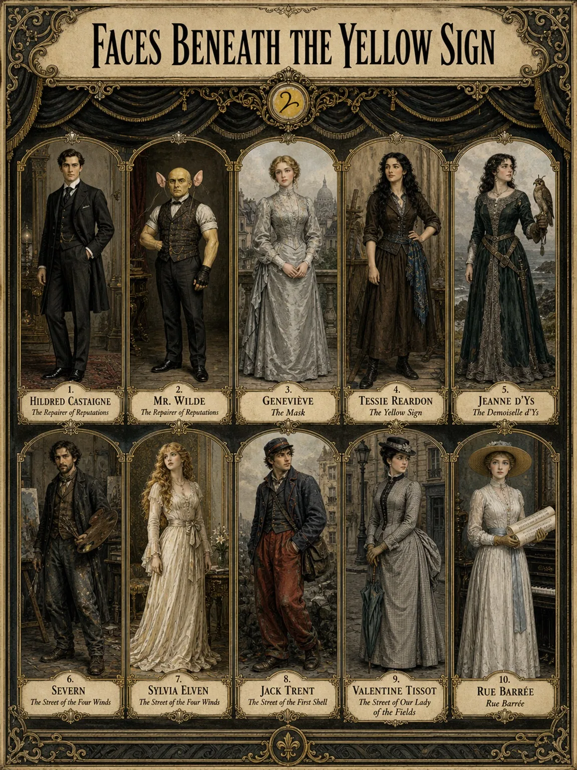 Faces Beneath the Yellow Sign — the principal figures of ten independent tales.