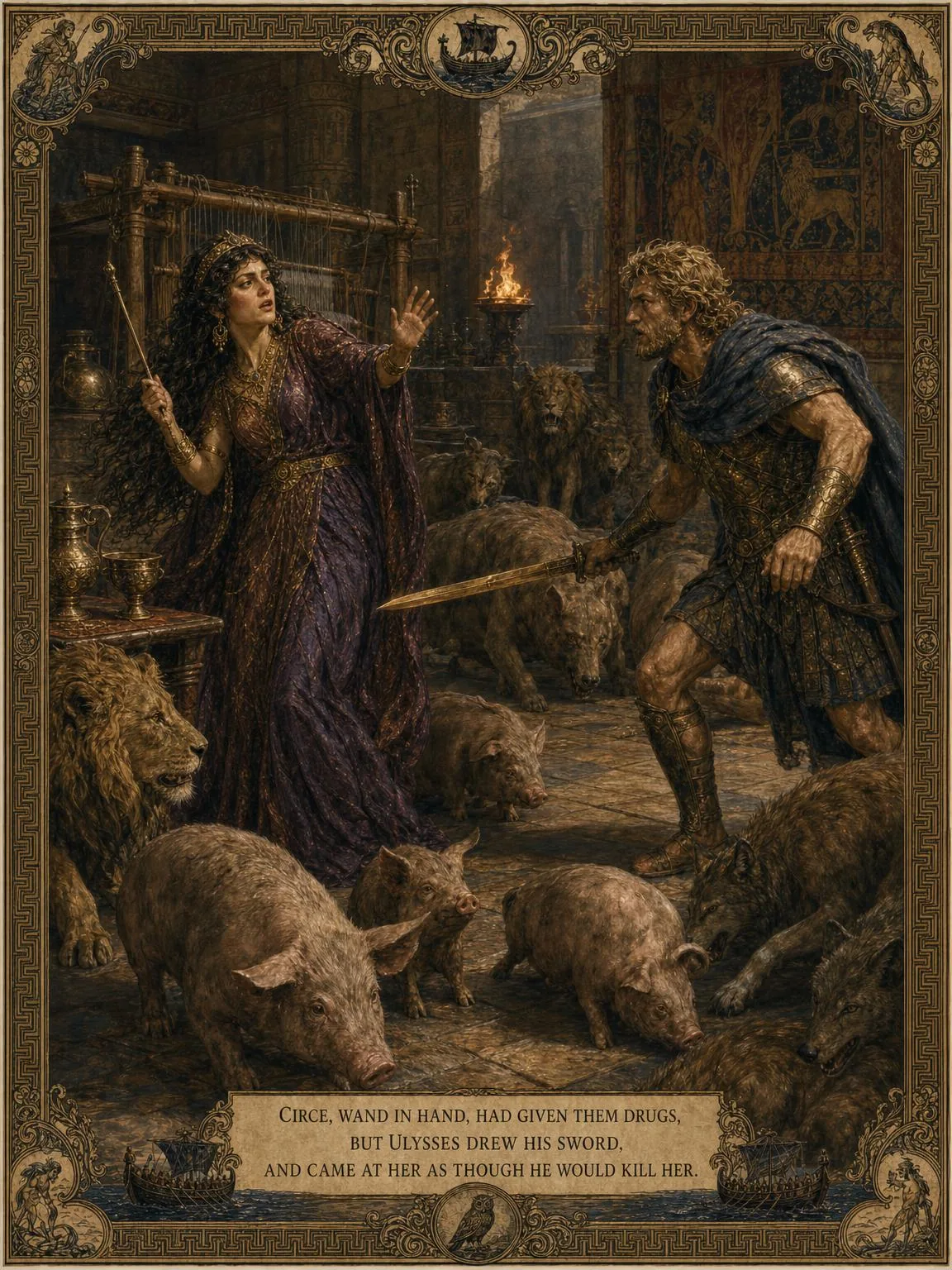 Circe — the enchantress mastered at sword-point among her swine.