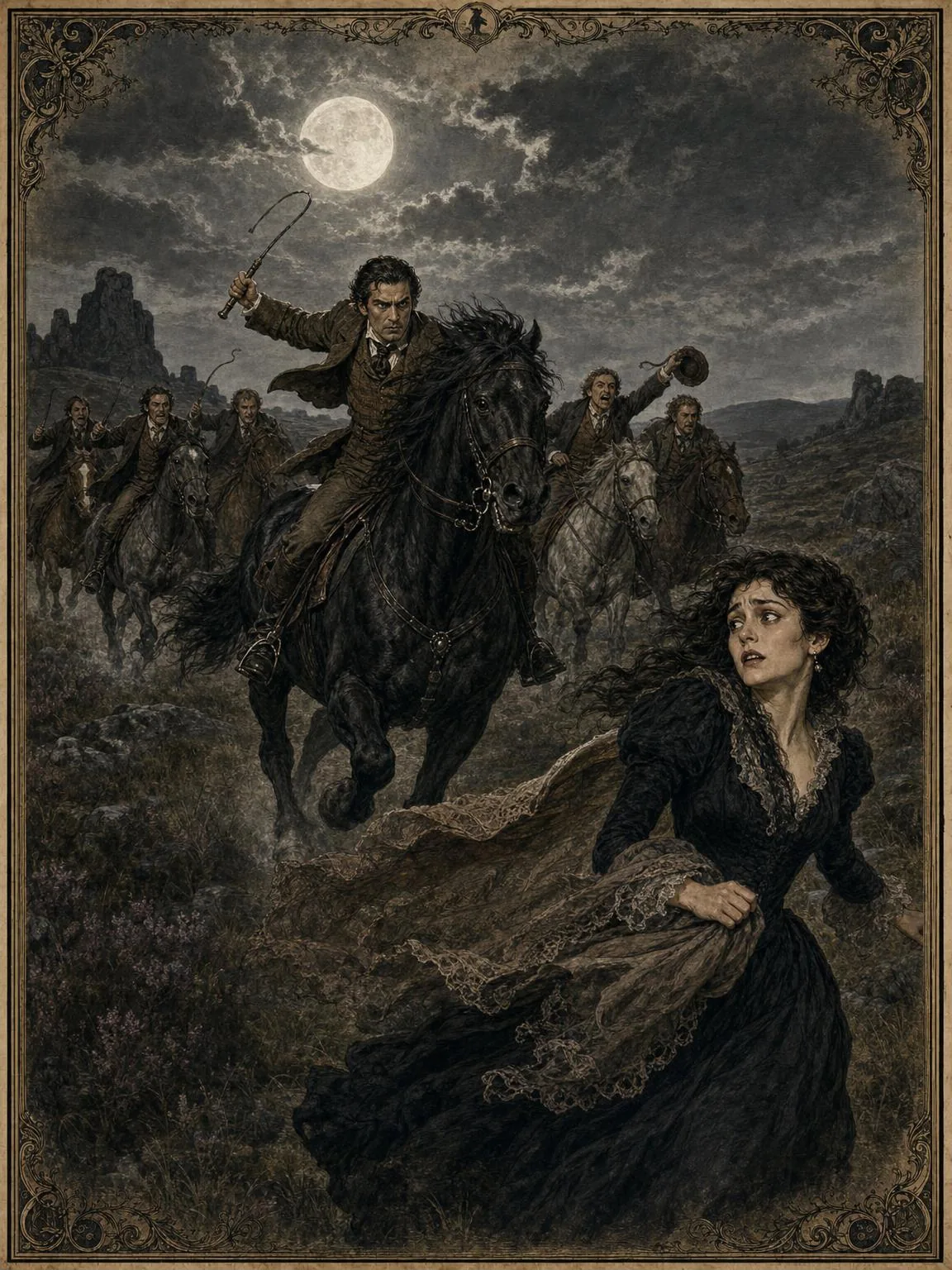The legend on the moor: Hugo Baskerville rides by moonlight.
