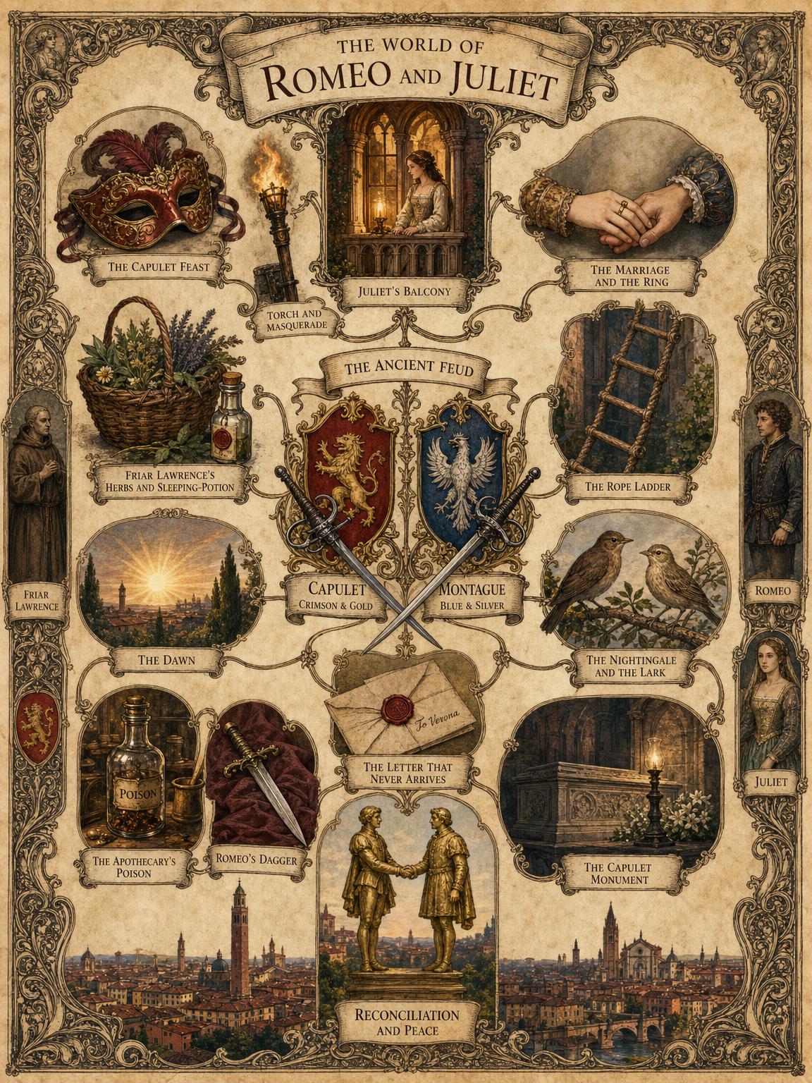 The World of Romeo and Juliet — the feud, the love, and the tokens of the tragedy.