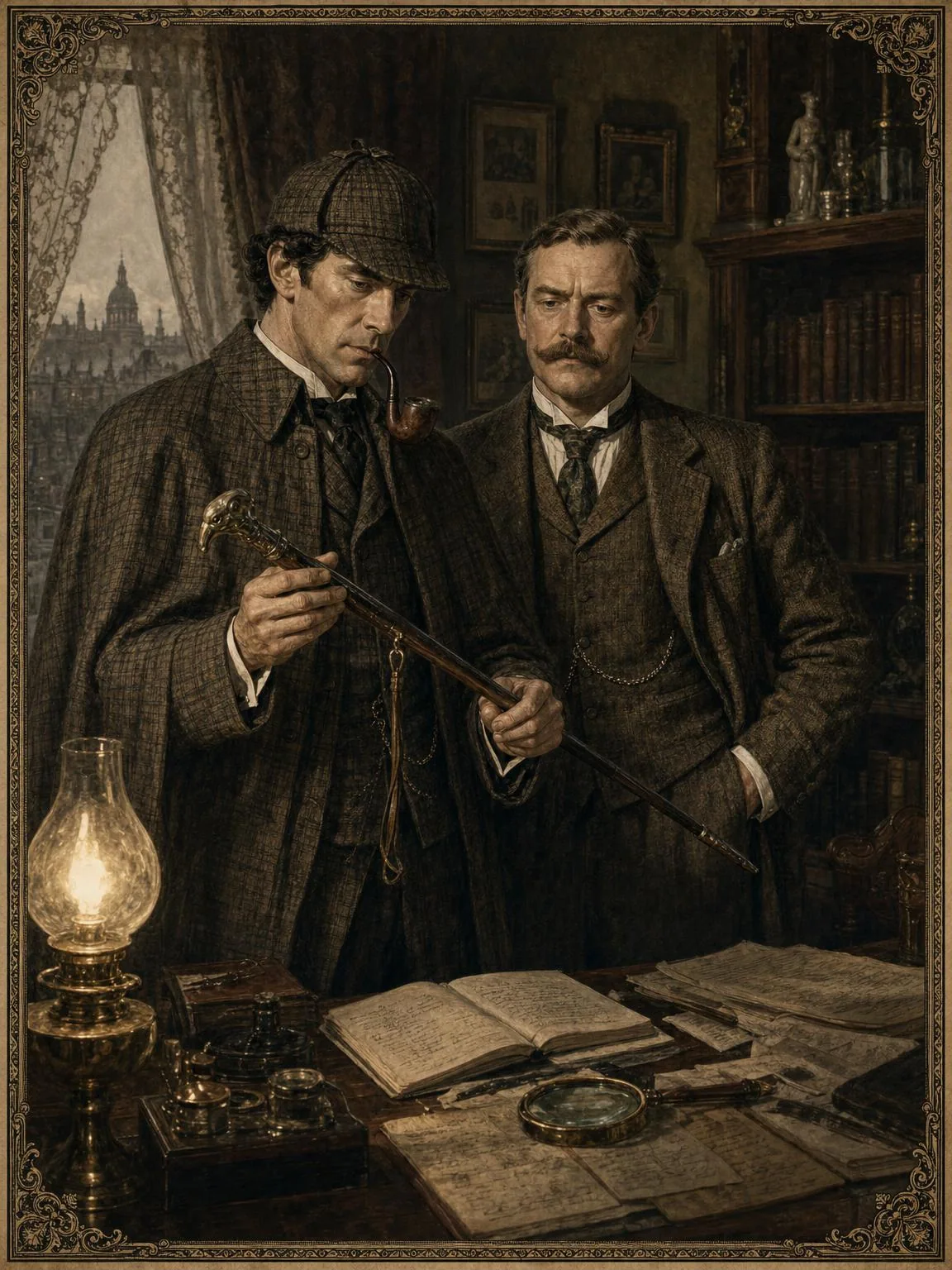 Holmes and Watson read the visitor's walking stick at Baker Street.