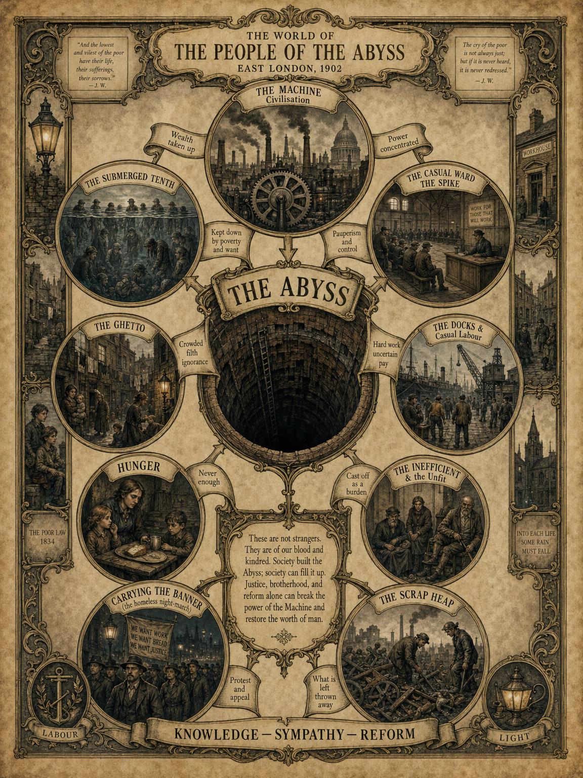 The World of the Abyss — the Machine, the submerged tenth, the spike, the ghetto, and the social pit they ring.
