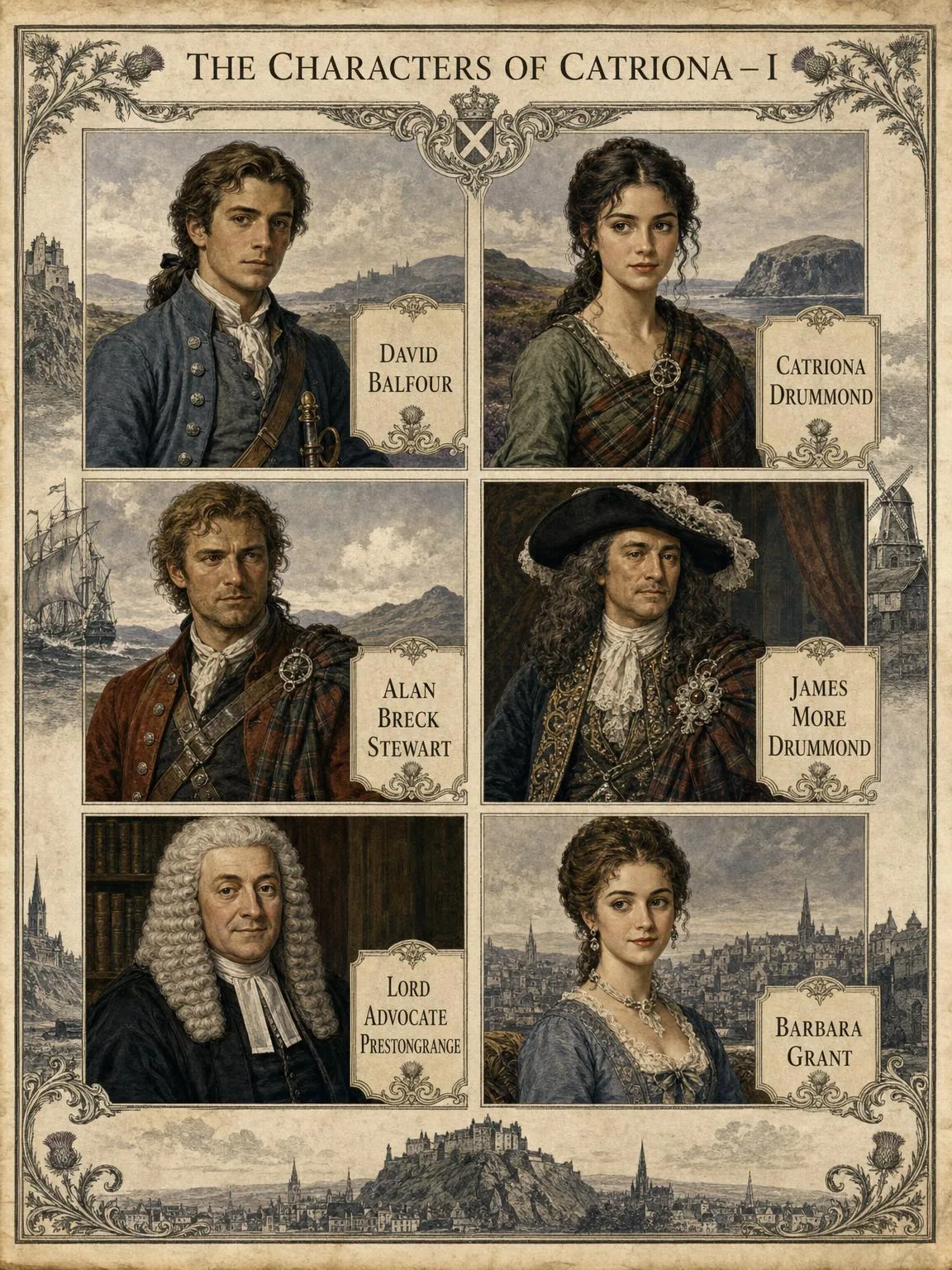The central cast: David, Catriona, Alan, James More, Prestongrange and Barbara Grant.