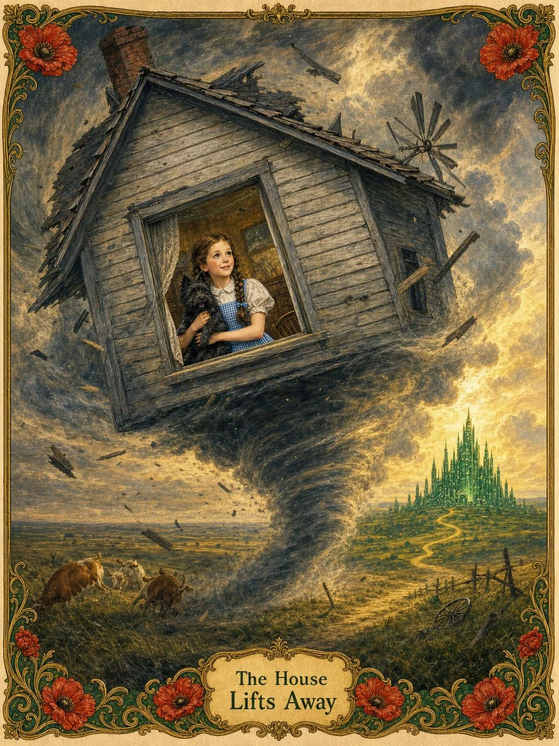 The Cyclone — the little house whirled away to Oz.