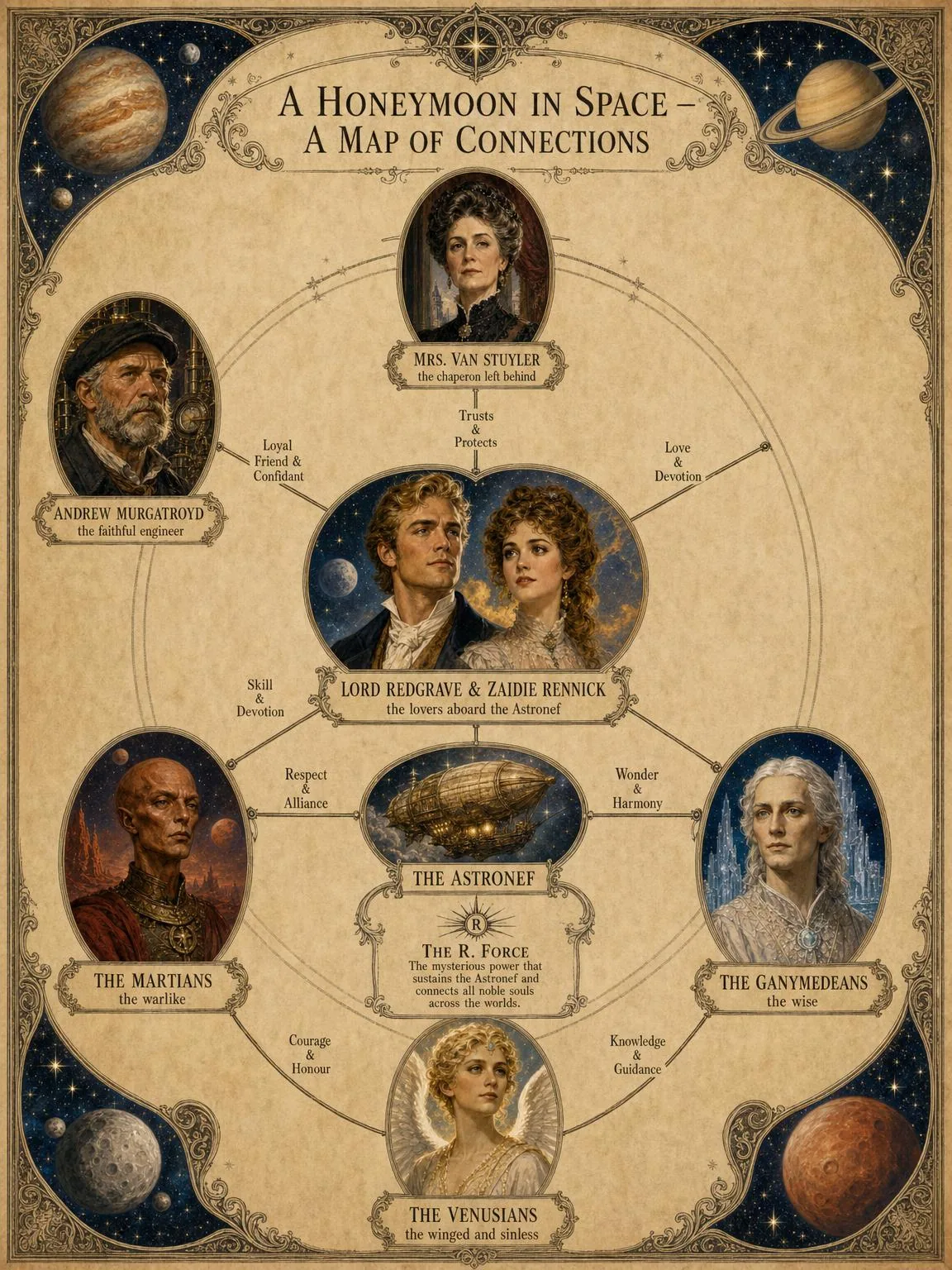 A Map of Connections — the honeymooners, the Astronef, and the worlds they visit.