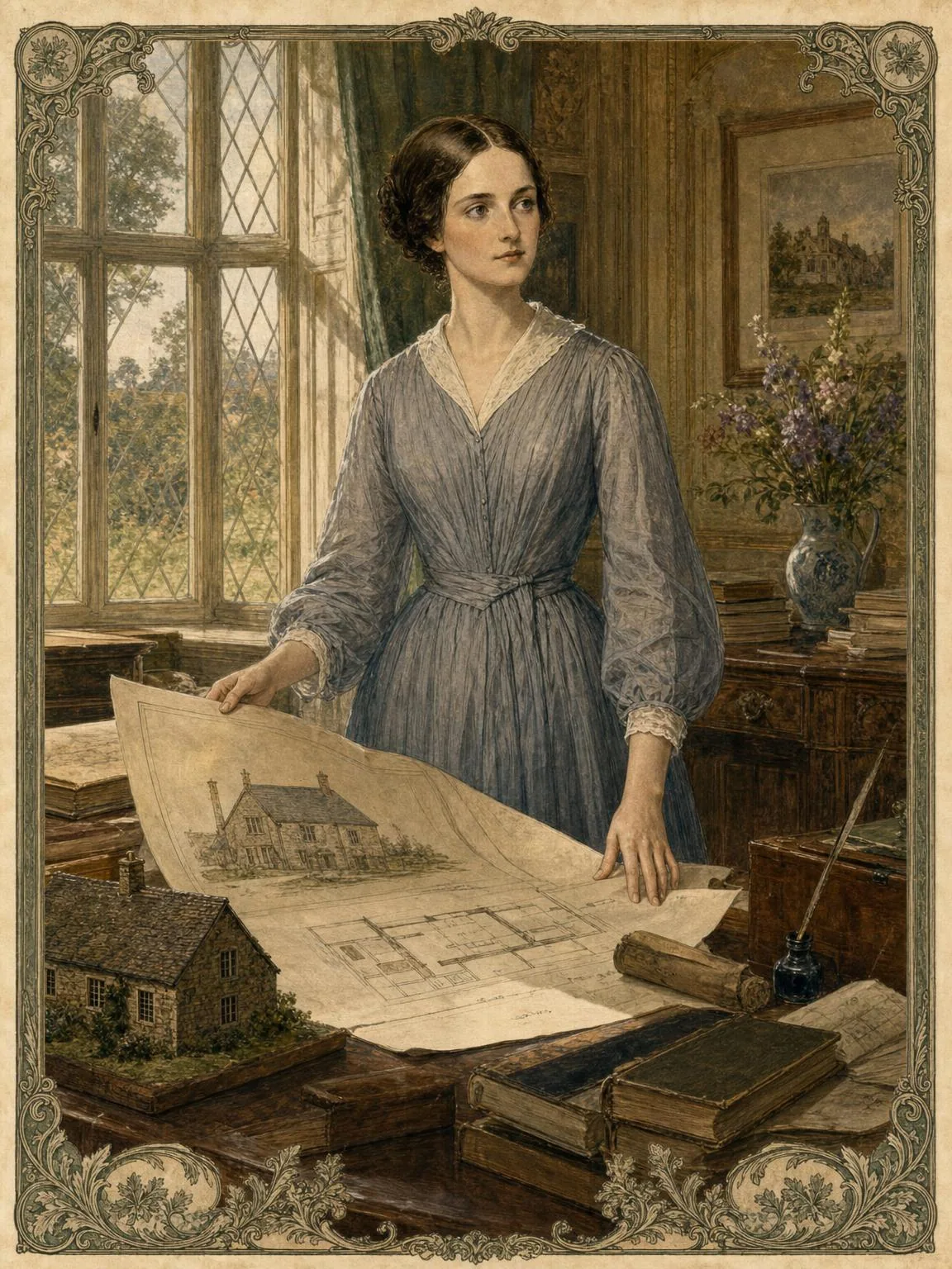 Dorothea Brooke studies plans for model cottages at Tipton Grange.
