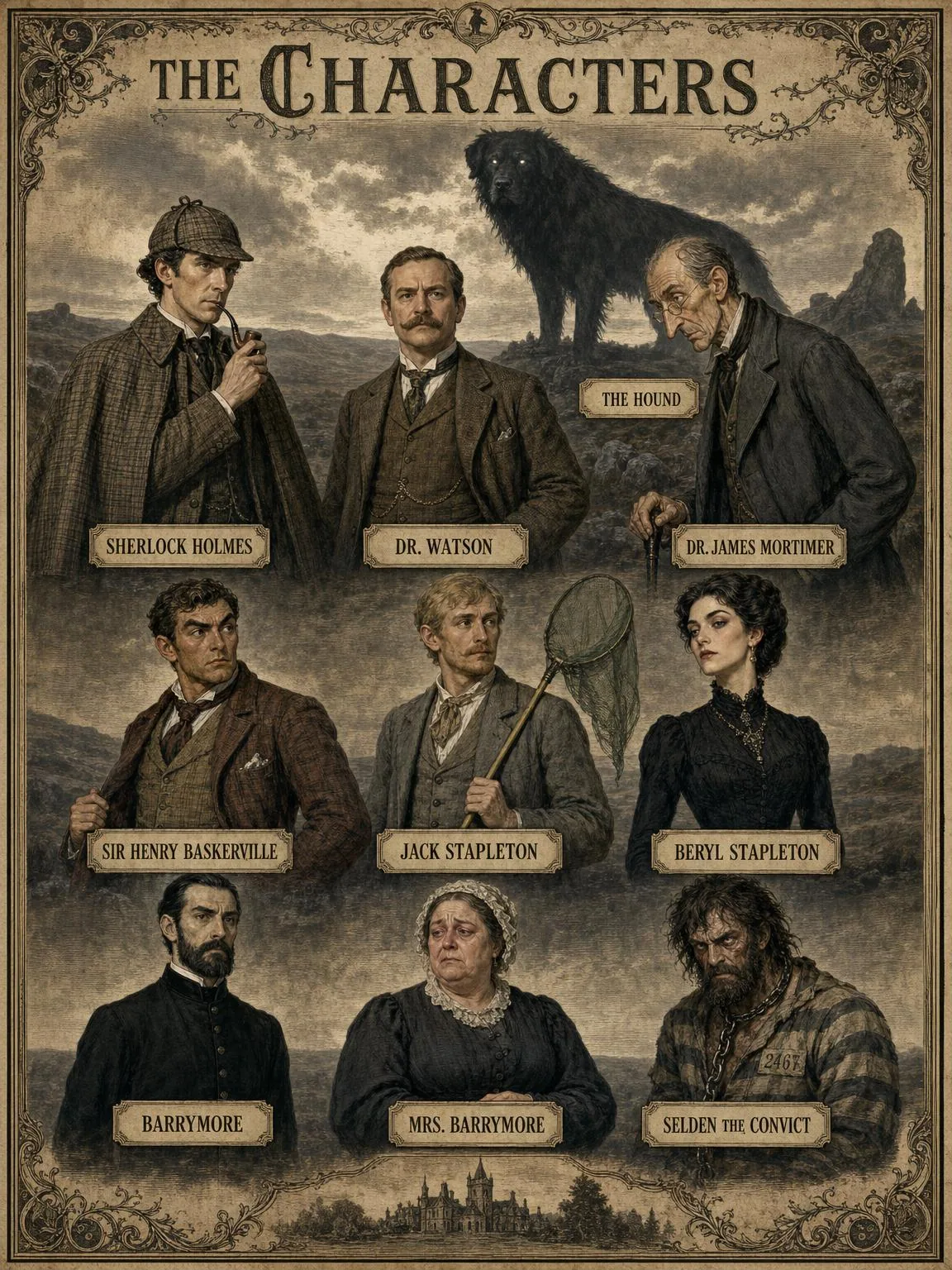 The cast of The Hound of the Baskervilles, gathered on the misty moor.