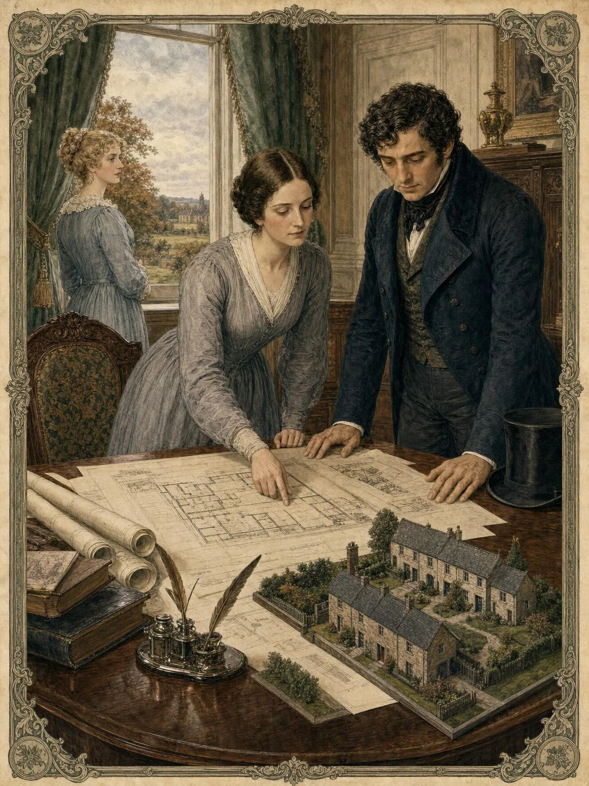 Dorothea and Sir James consider plans for model cottages.