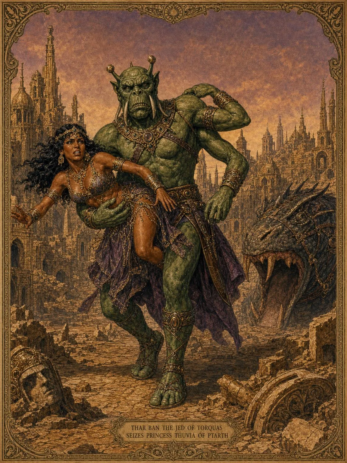 A Green Man's Captive — Thar Ban seizes Thuvia among the ruins of Aaanthor.