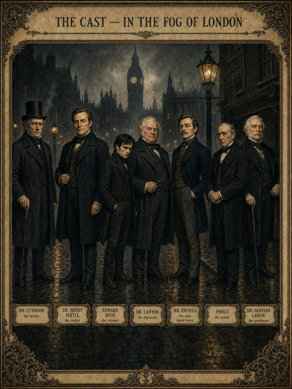 The Characters in the Fog of London — the players at full length.