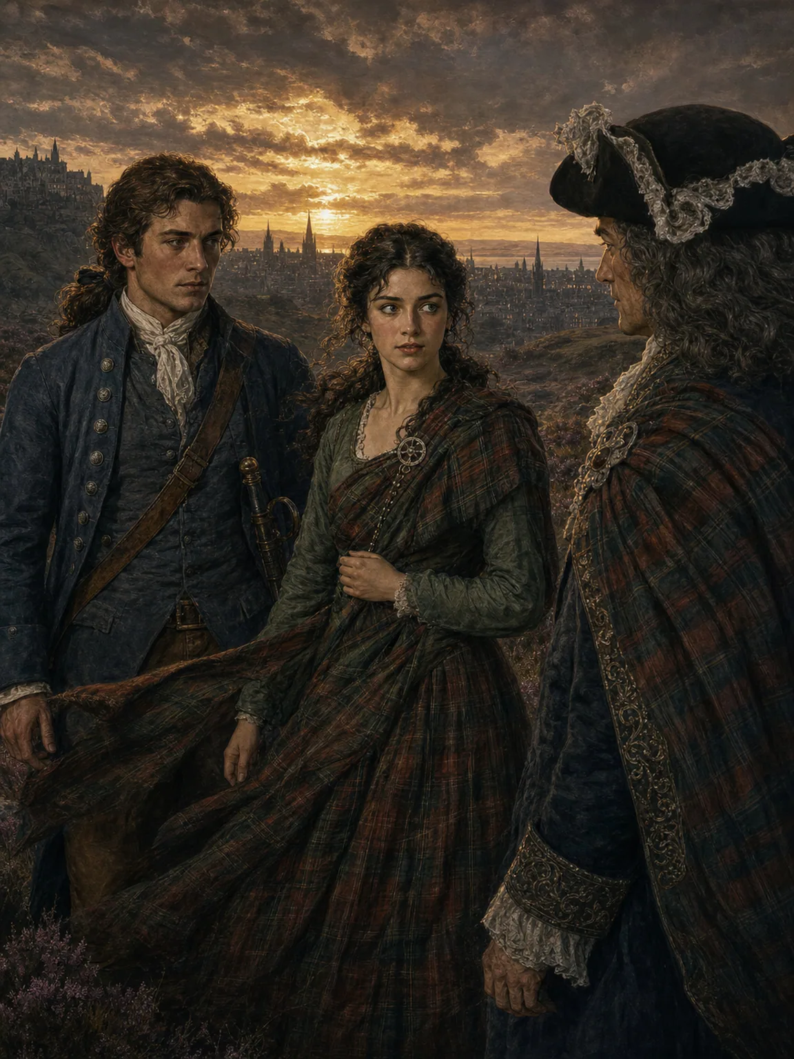 David and Catriona speak urgently beside the Dean as sunset burns over the heather and Edinburgh lies beyond, the young pair divided by the danger surrounding her father.