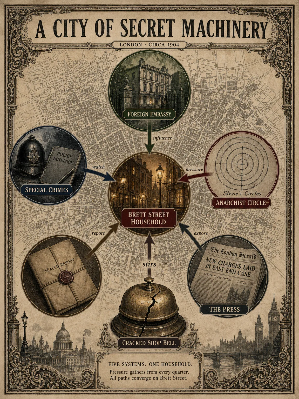 A City of Secret Machinery: household, embassy, police, anarchists, and press.