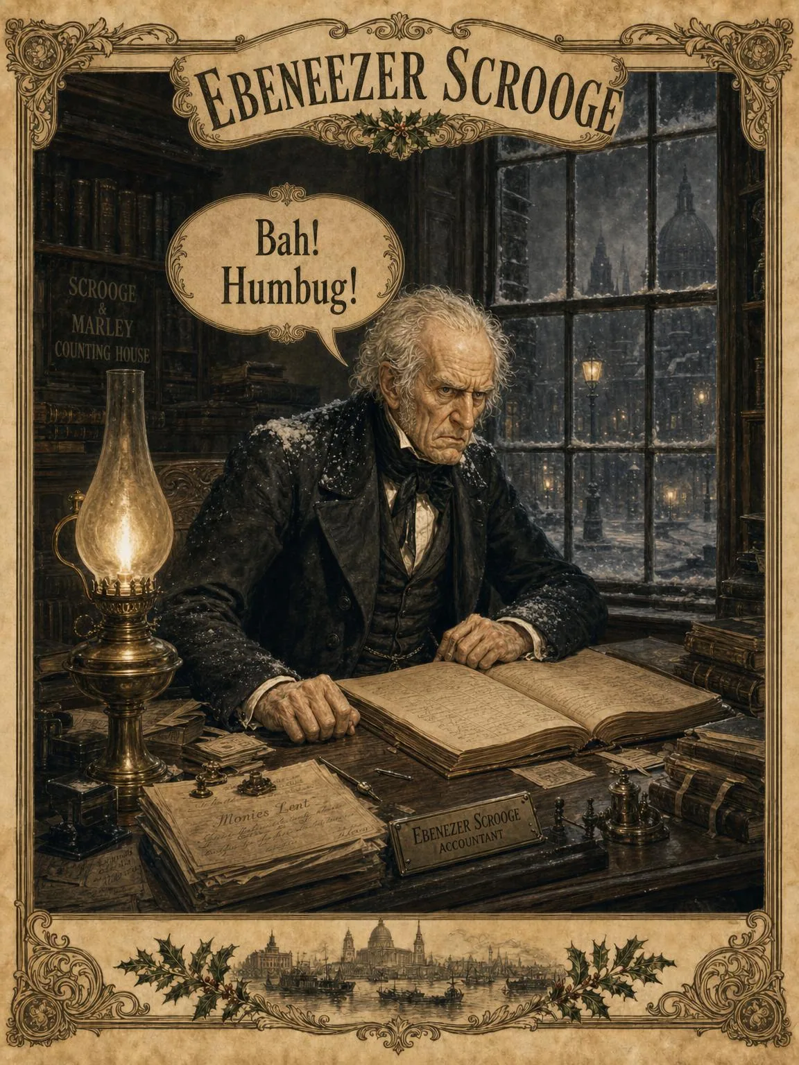Ebenezer Scrooge alone in his counting-house