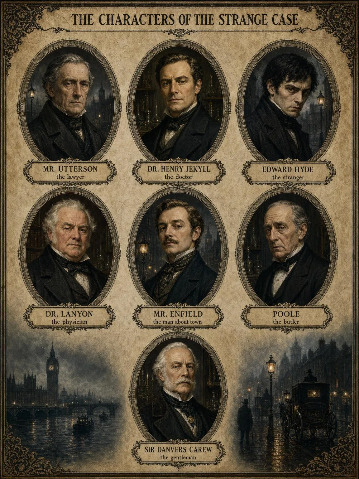 The Characters of the Strange Case — the cast, gathered in gas-lit London.