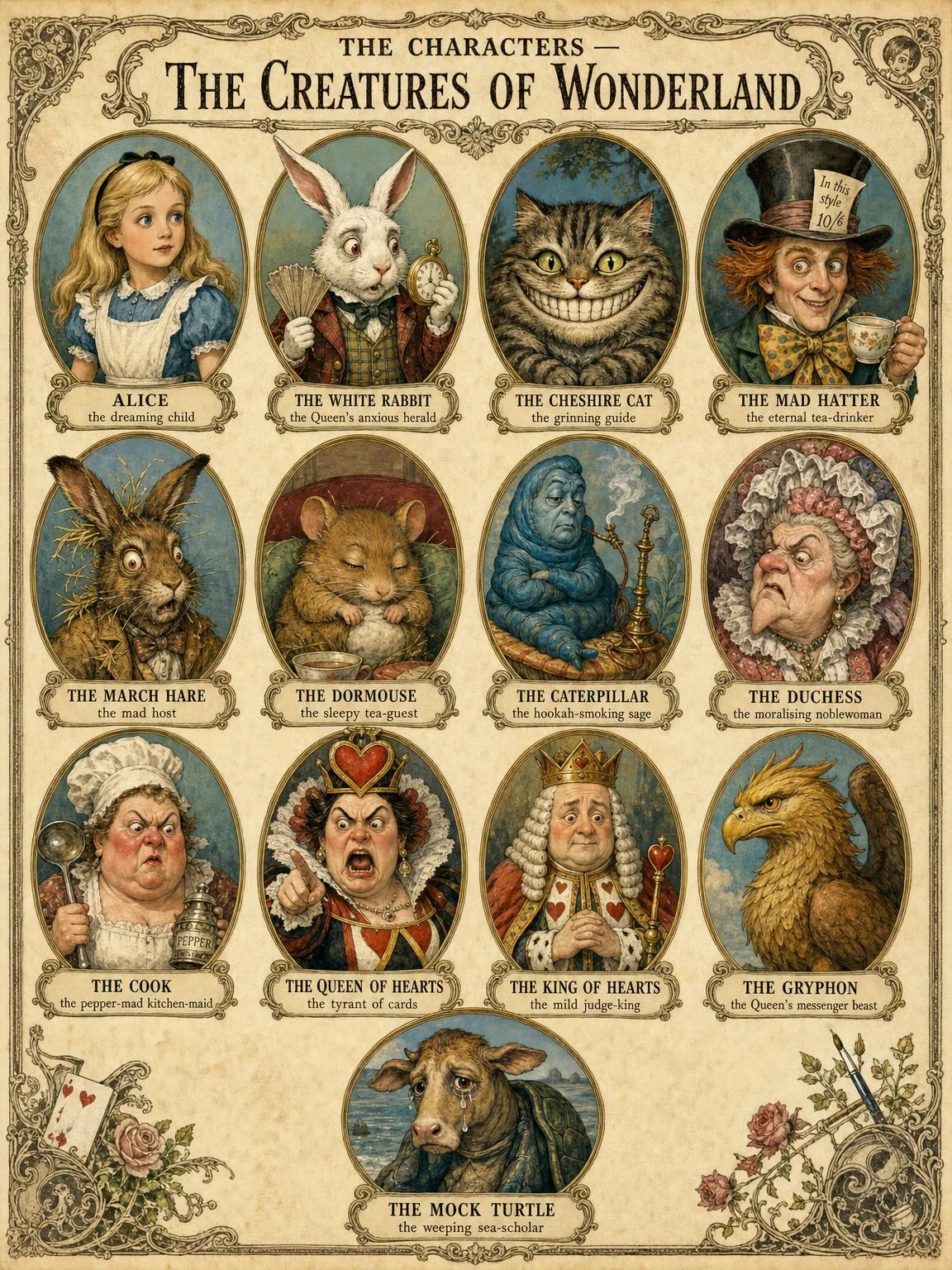 The Characters — the creatures of Wonderland, in medallion.