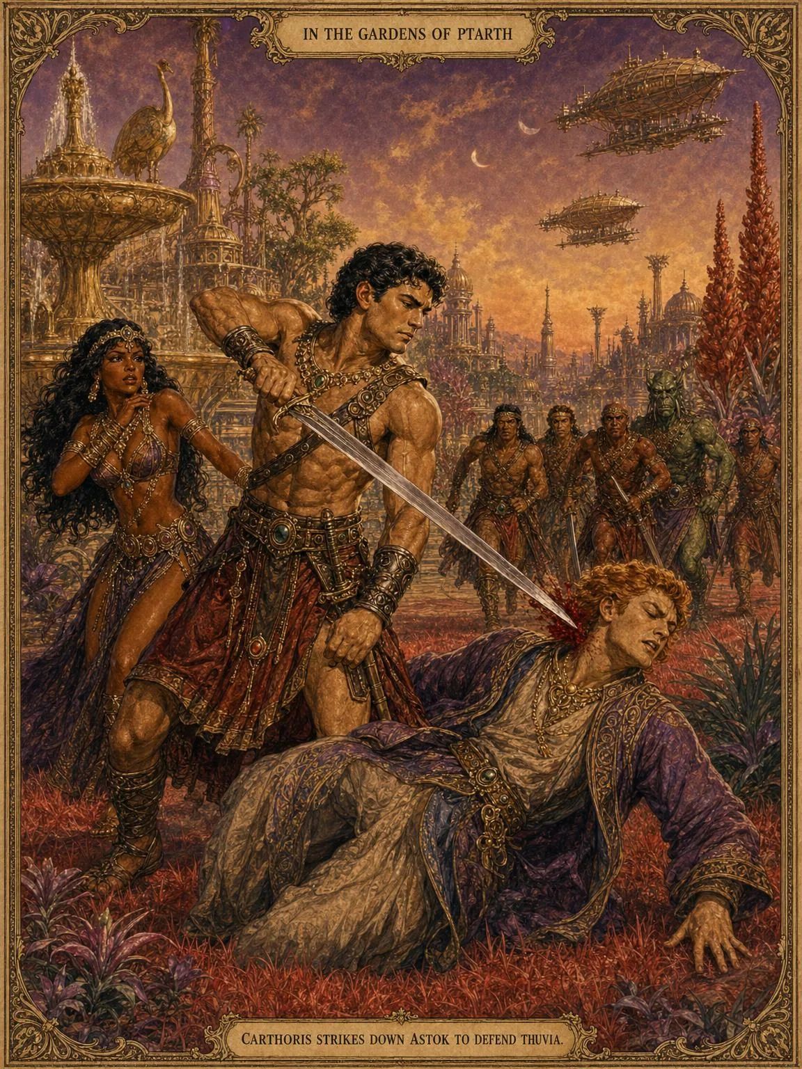 The Royal Gardens of Ptarth — Carthoris defends Thuvia from Astok.