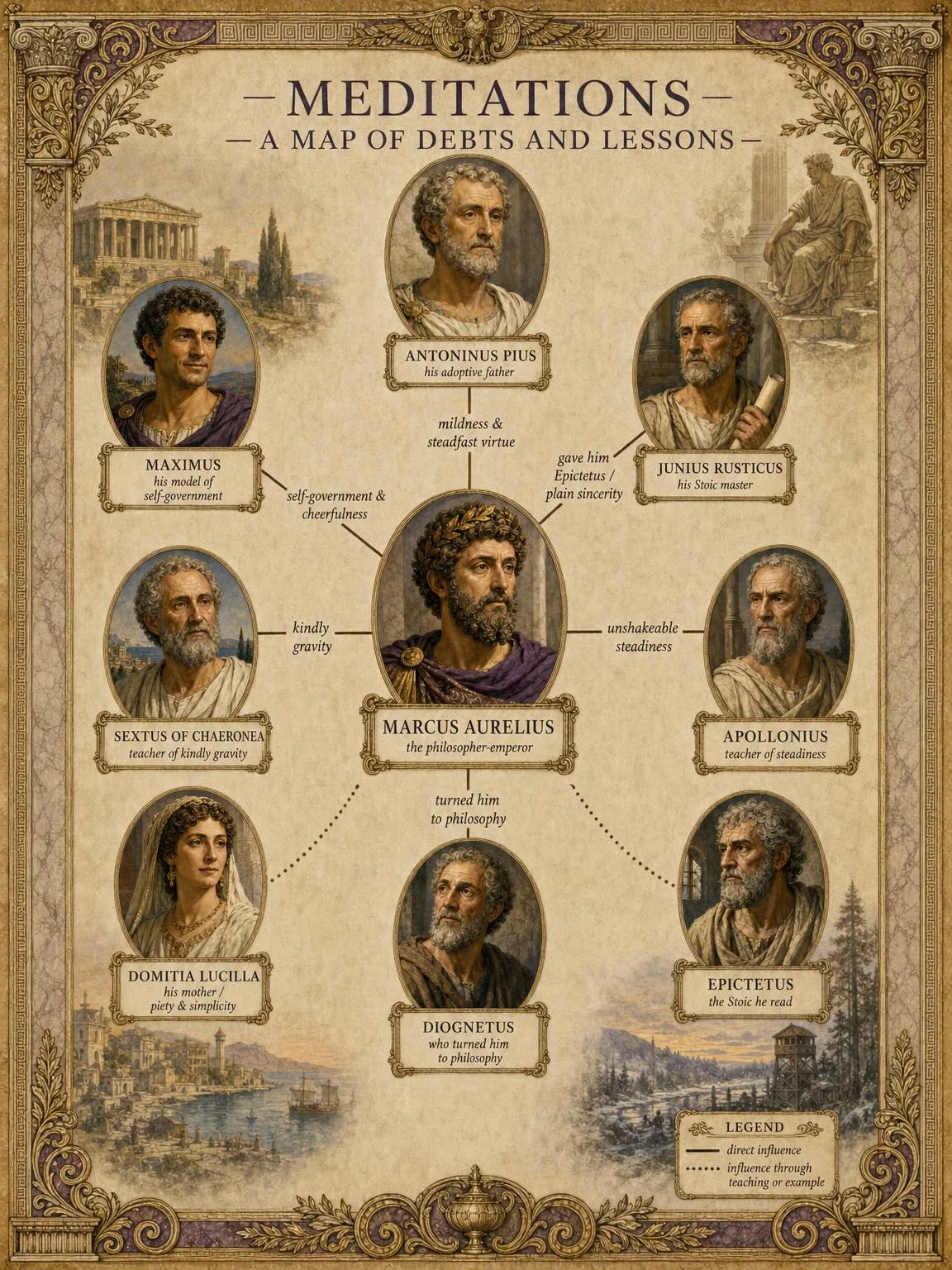 A Map of Connections — the emperor at the centre, and the virtue each teacher gave him.