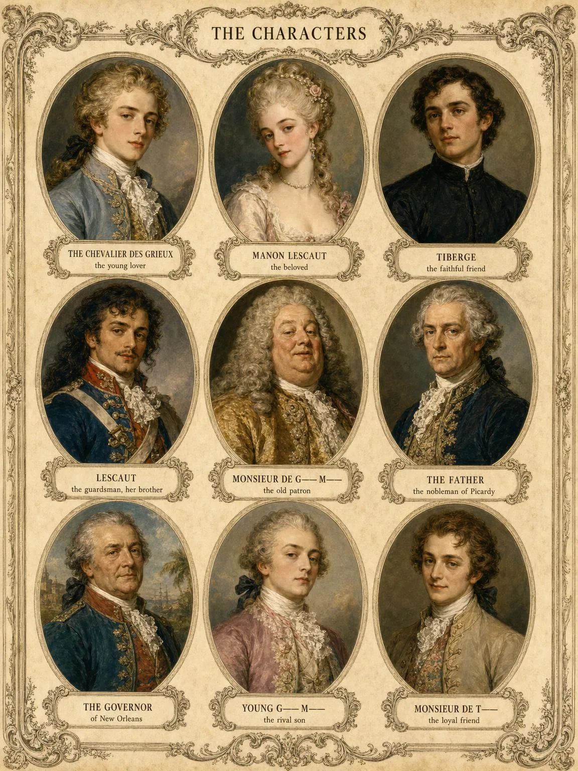 The Characters — the lovers and those who bind their fate, in medallion.