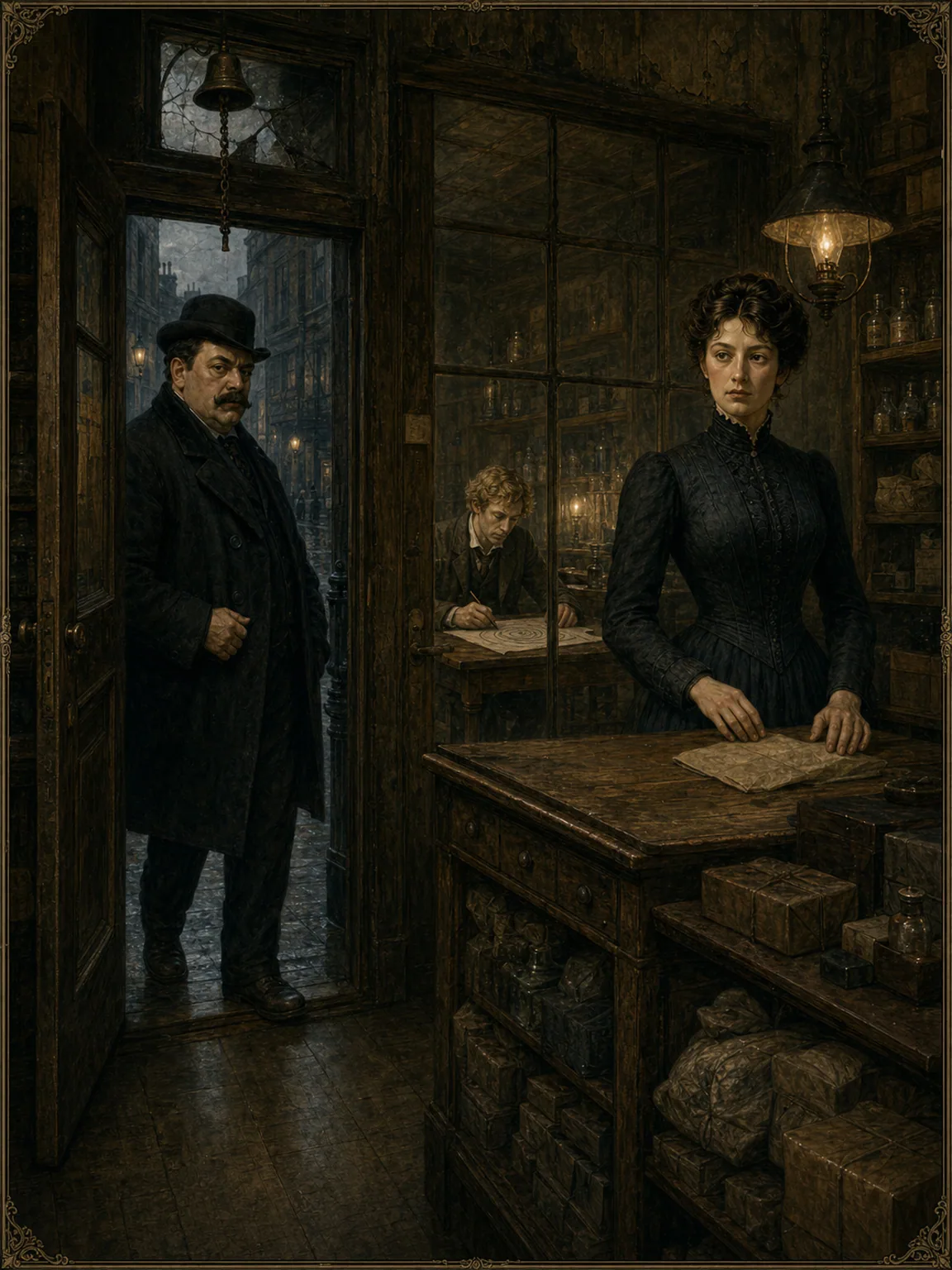 Inside Brett Street: Winnie at the counter, Stevie at his circles, and Verloc beneath the shop bell.