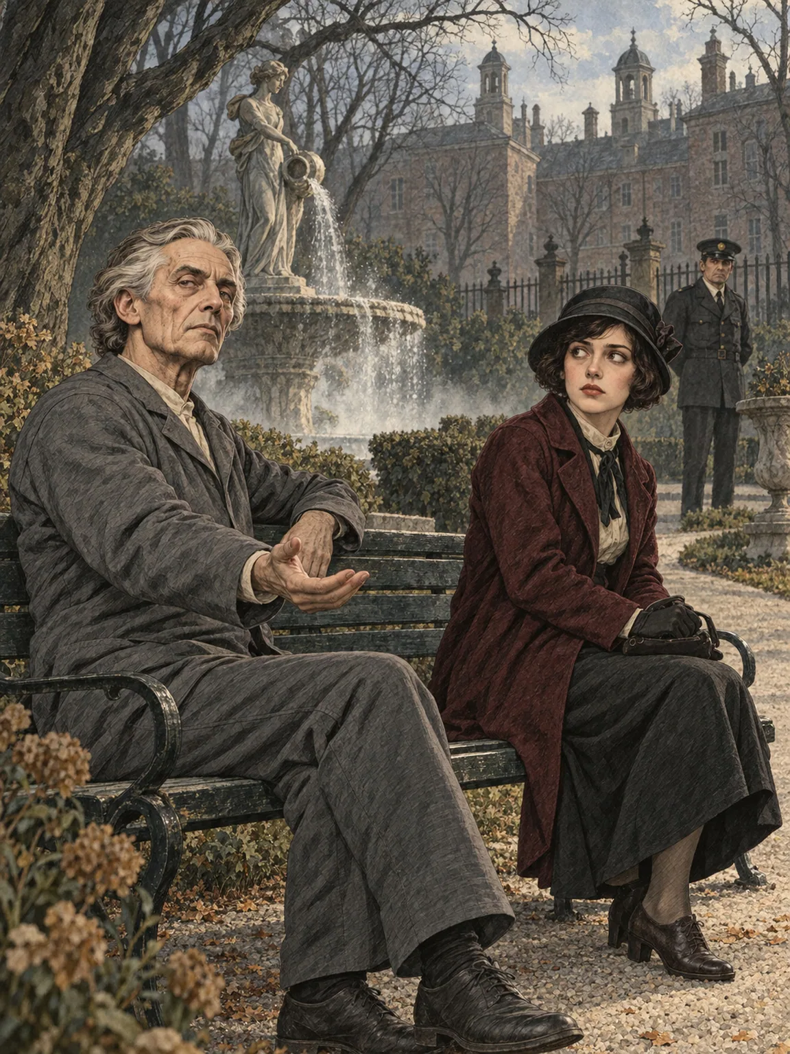 The Bench Beyond the Fountain Mist