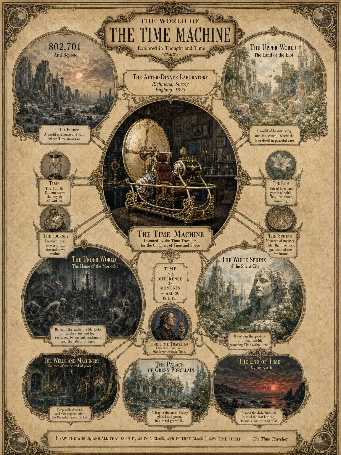 The World of The Time Machine — the elements of the tale, from the laboratory to the dying beach.