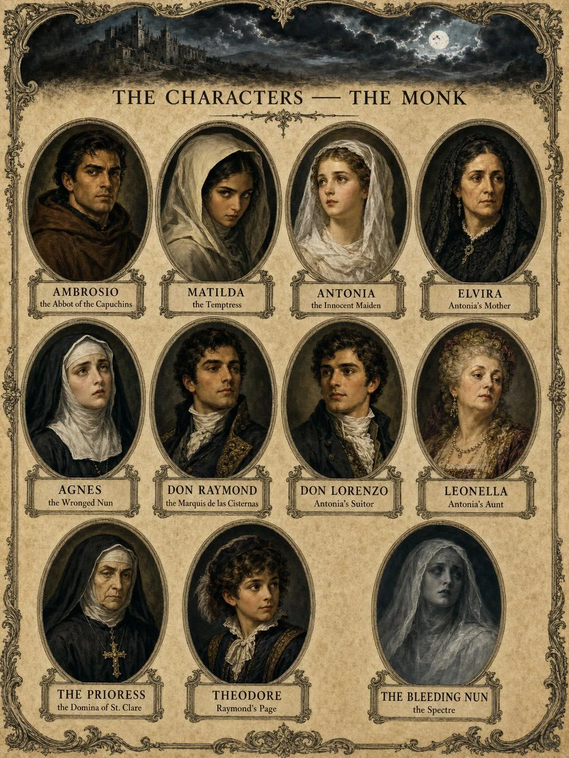 The Characters — the household of the abbey and the convent, in medallion.