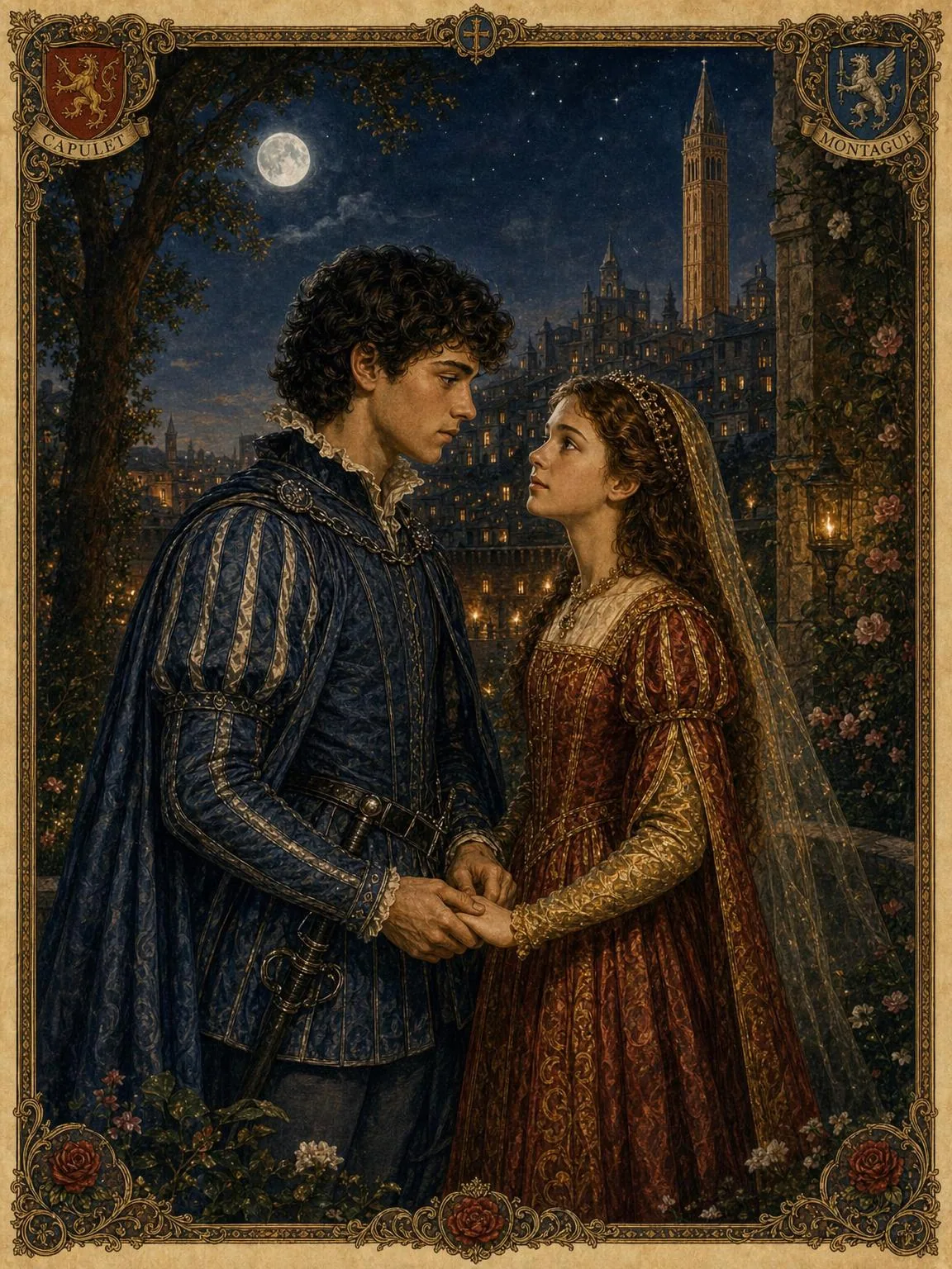 Romeo and Juliet — the star-crossed lovers in the moonlit orchard.