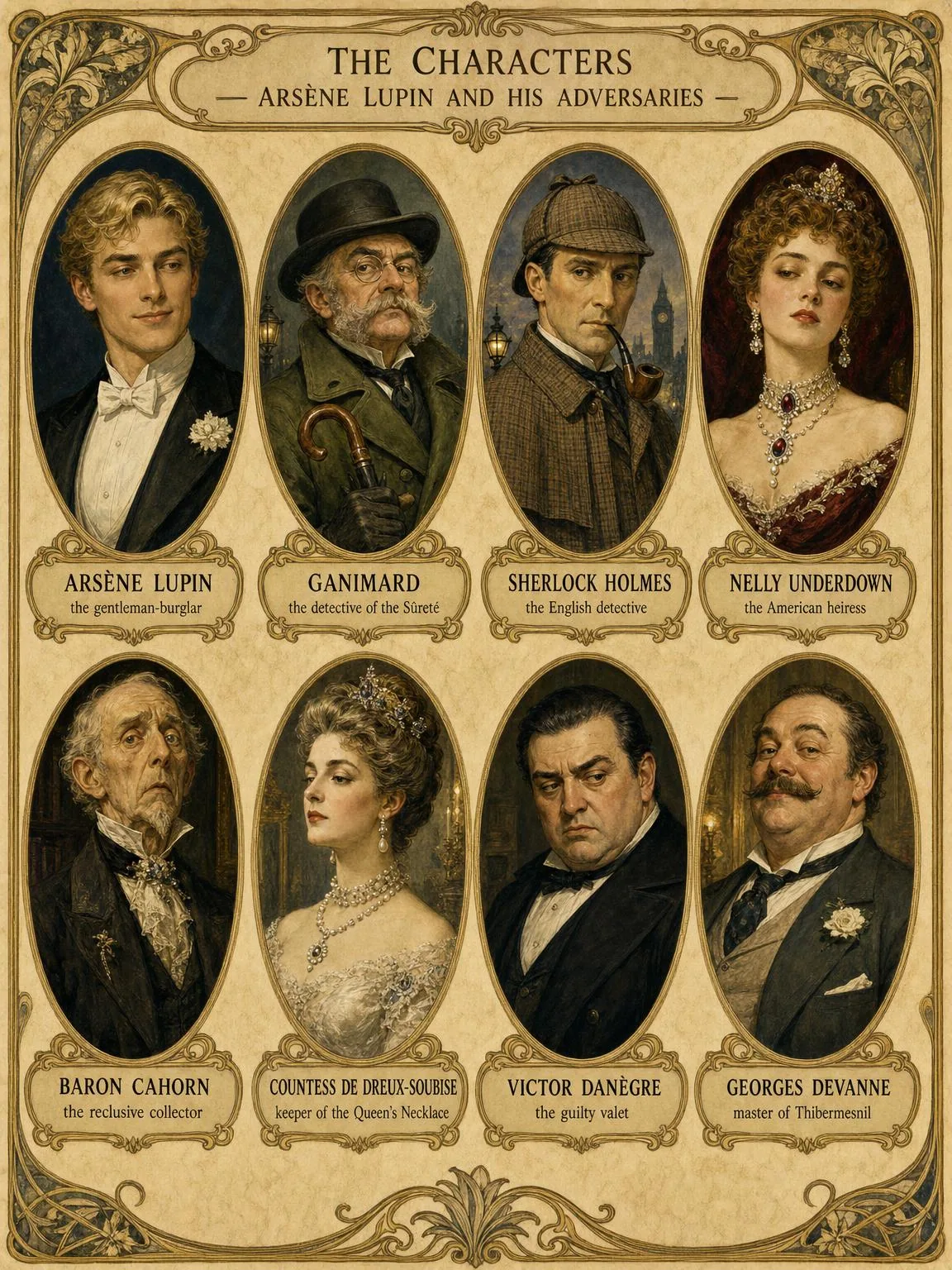 The Characters — Arsène Lupin and his adversaries, in medallion.