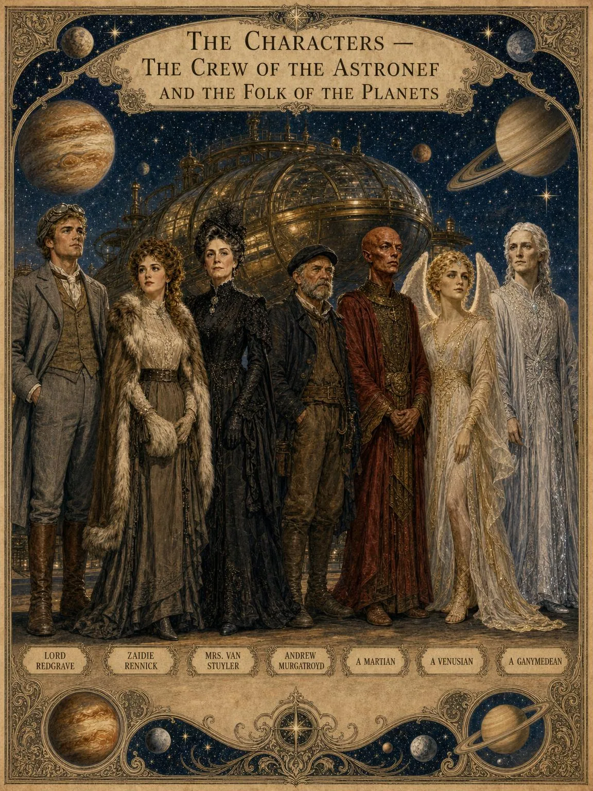 The Characters — the crew of the Astronef and the folk of the planets, at full length.