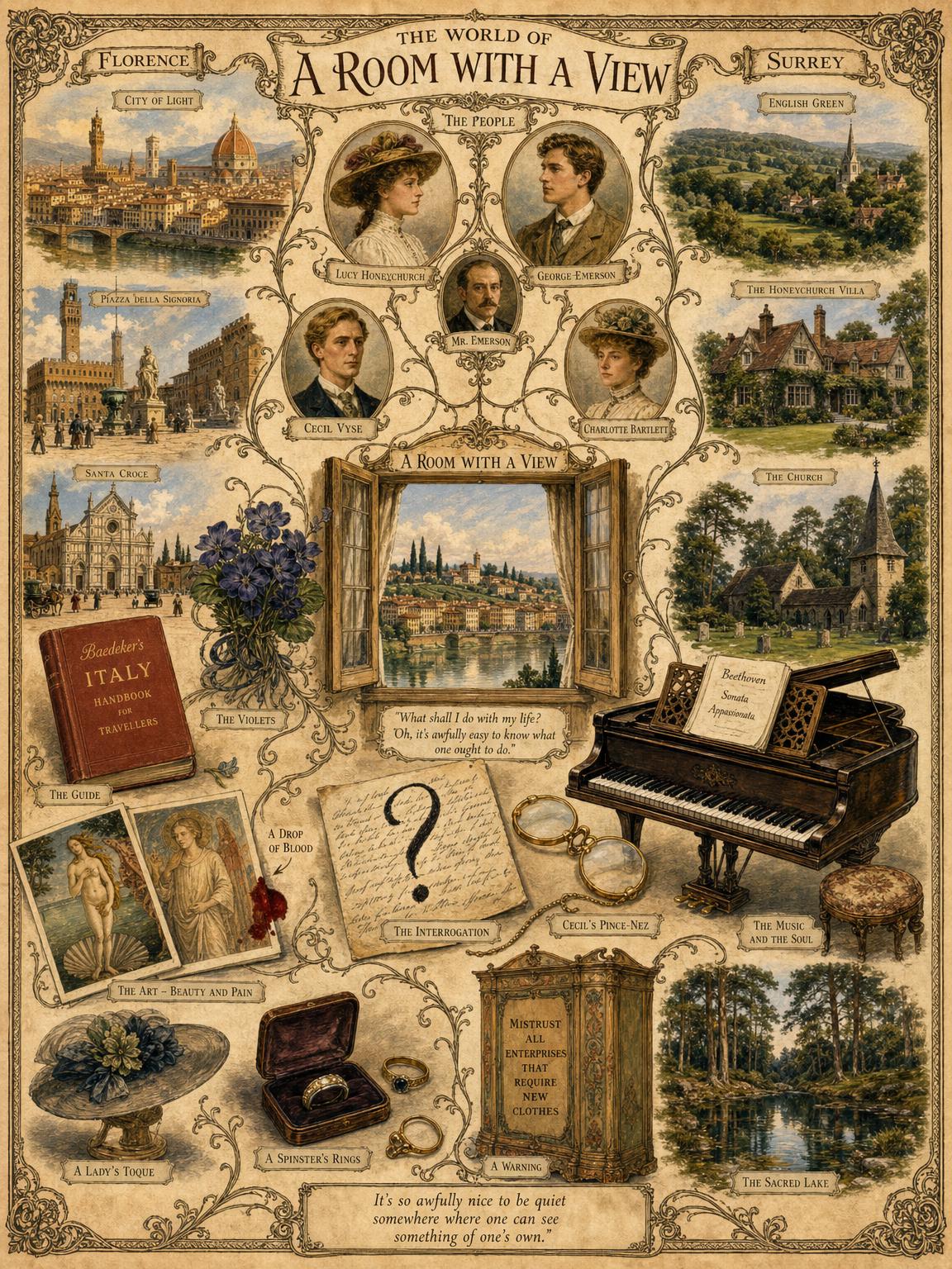 The World of A Room with a View — the people, objects, and contrasts that bind the story together.