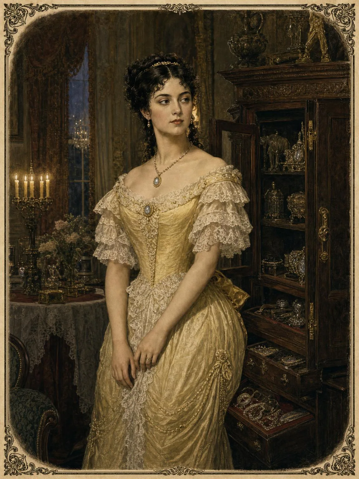 Rachel Verinder beside the Indian cabinet on her eighteenth birthday.