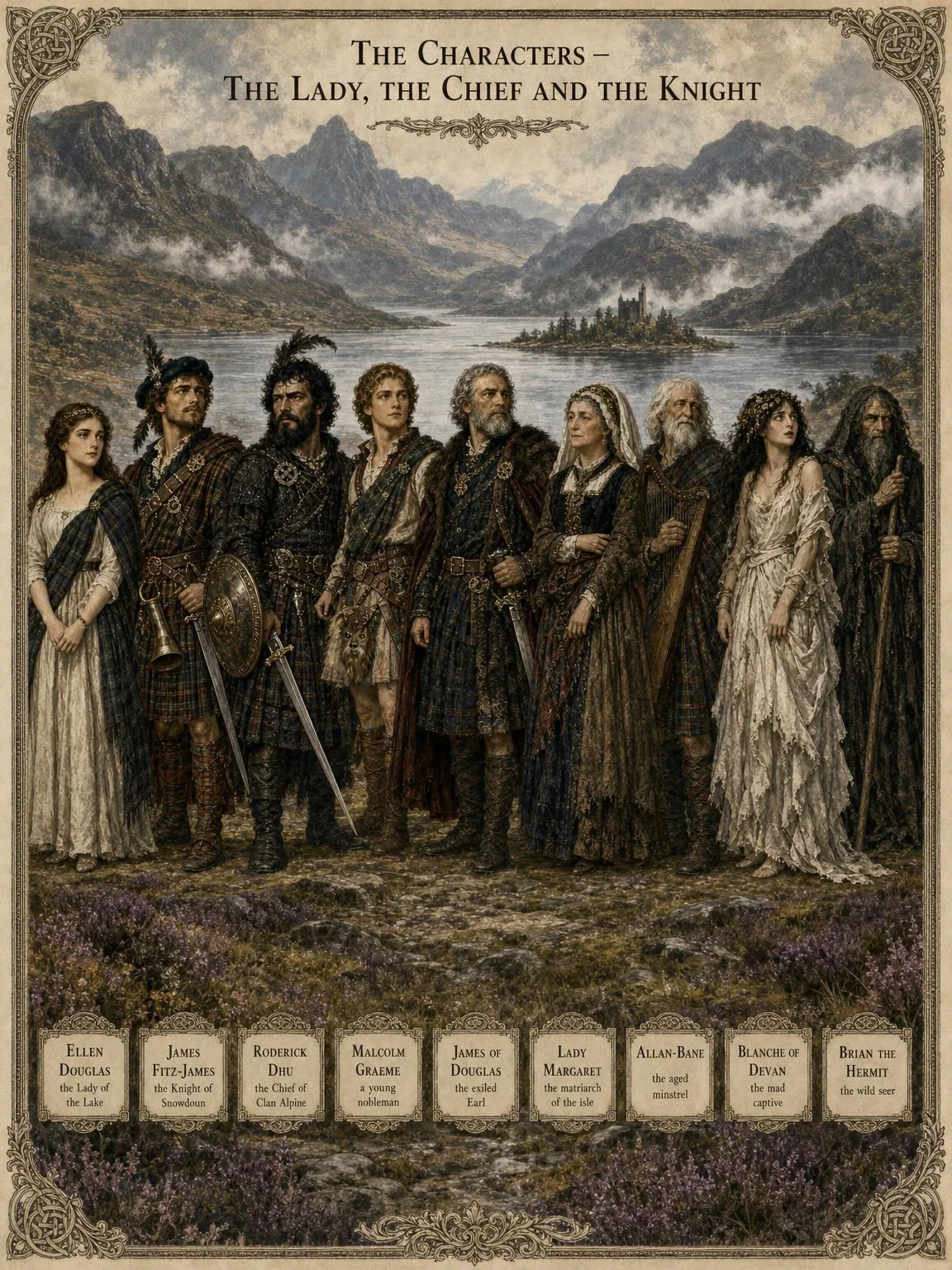 The Characters — the Lady, the chief, the knight and their company, at full length.