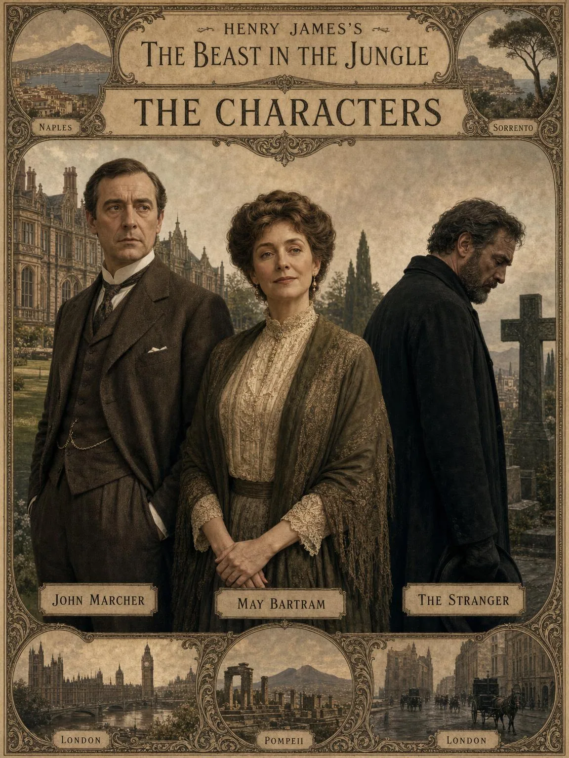 The Characters — John Marcher, May Bartram, and the stranger at the grave.