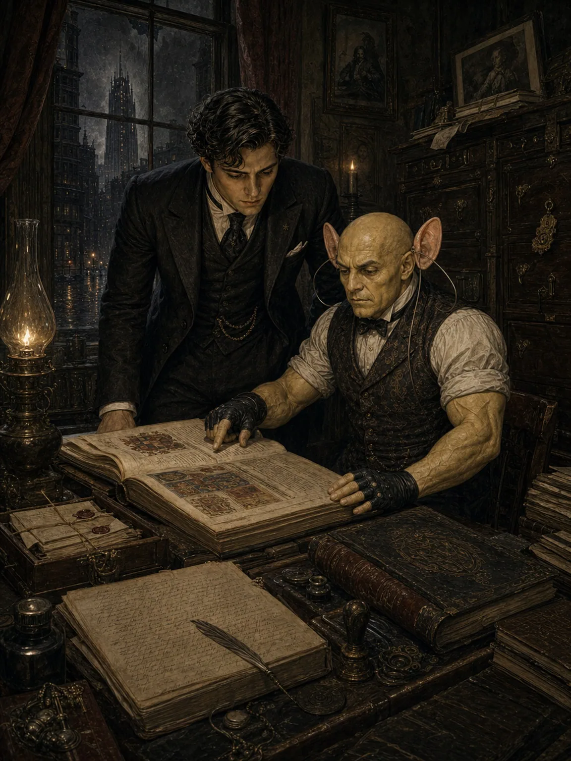 Hildred and Mr. Wilde over the imperial manuscript in Bleecker Street.