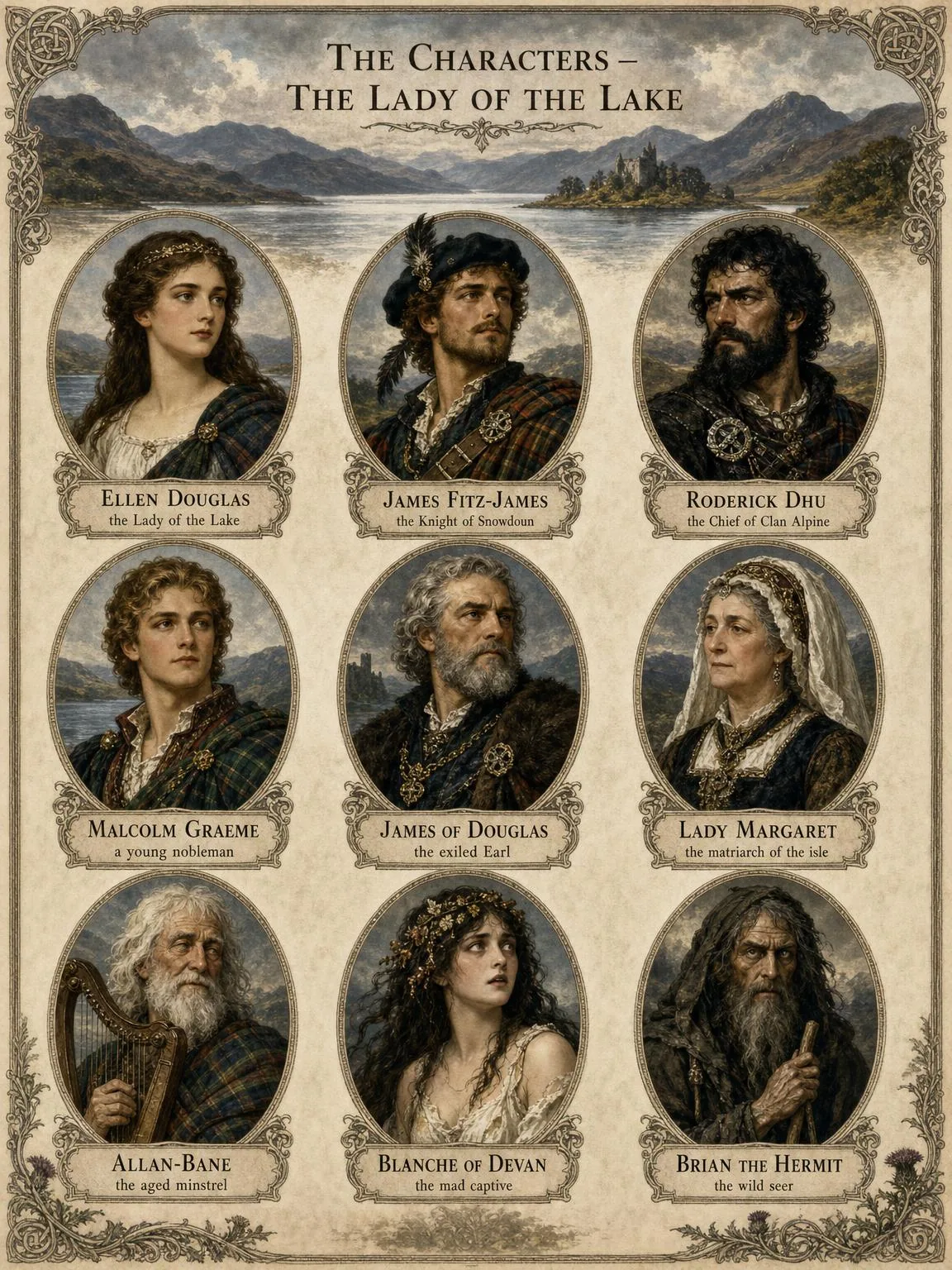 The Characters — the folk of the loch and the glen, in medallion.