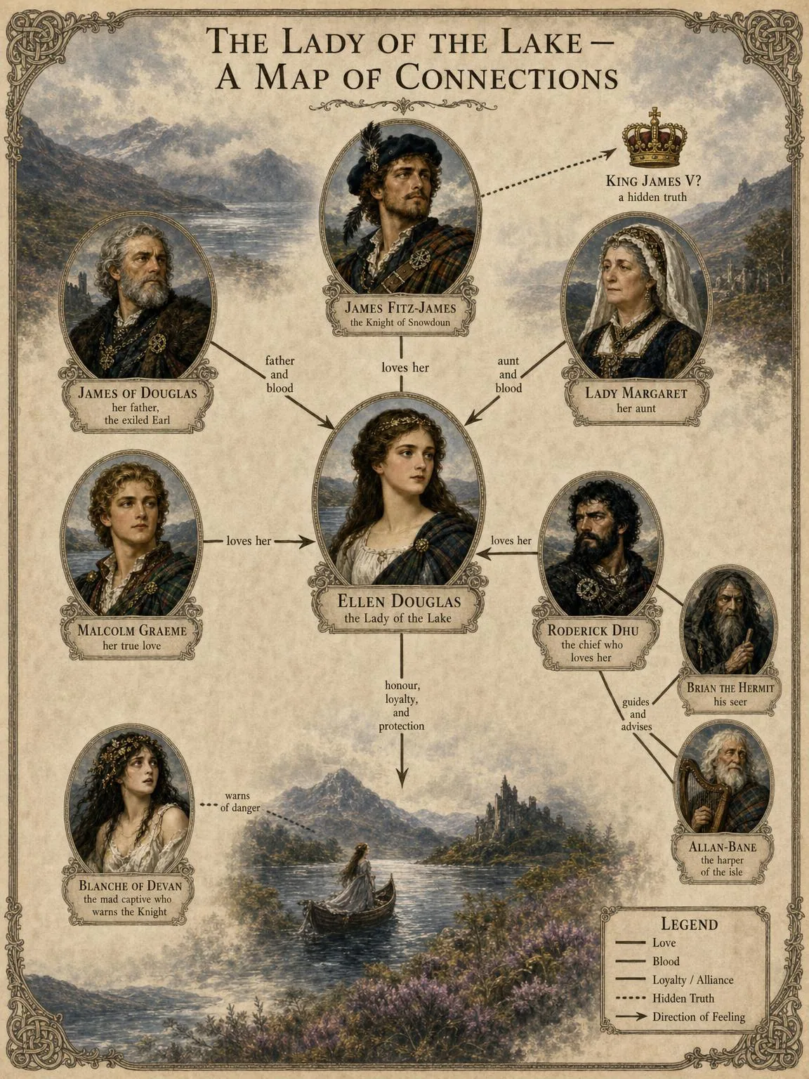 A Map of Connections — the Douglas, the chief, and the knight of Snowdoun.