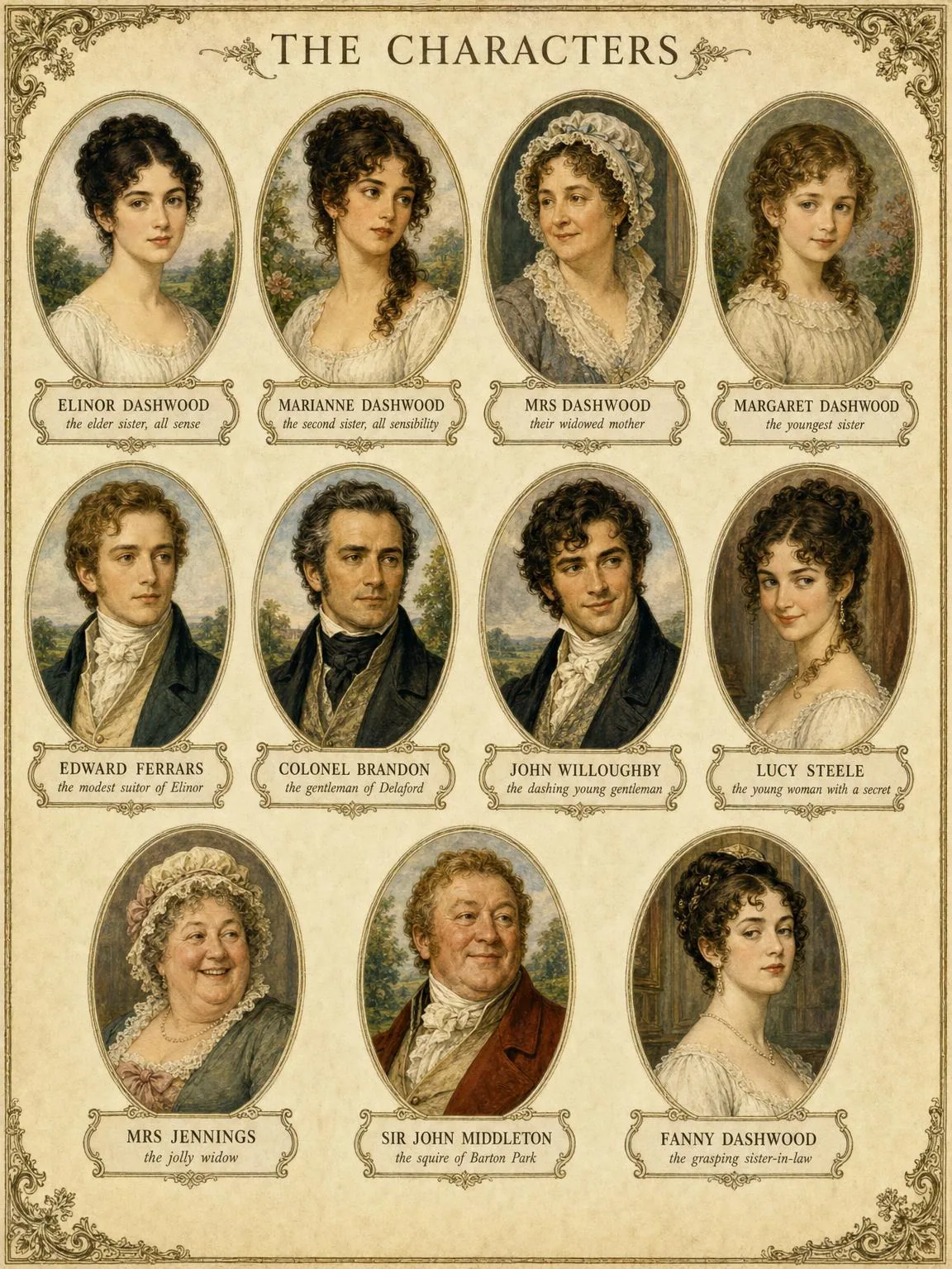 The Characters — the family and friends of the Dashwoods, in medallion.