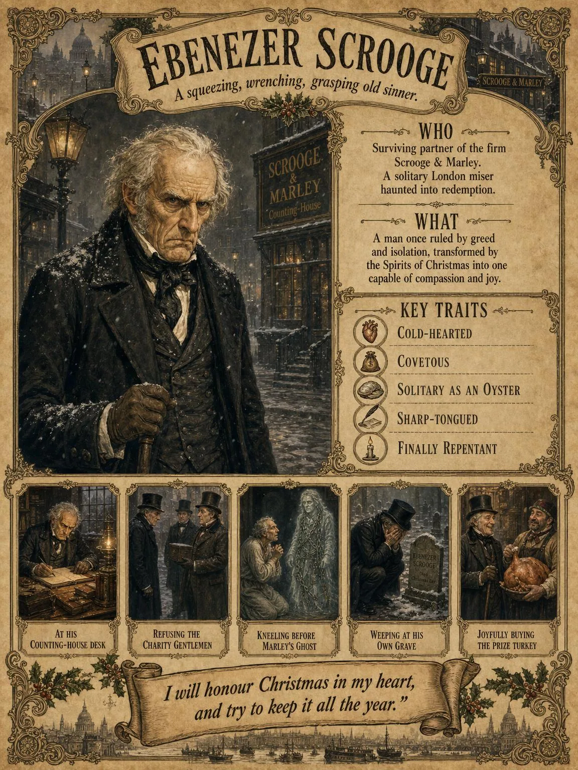 Ebenezer Scrooge — a squeezing, grasping old sinner