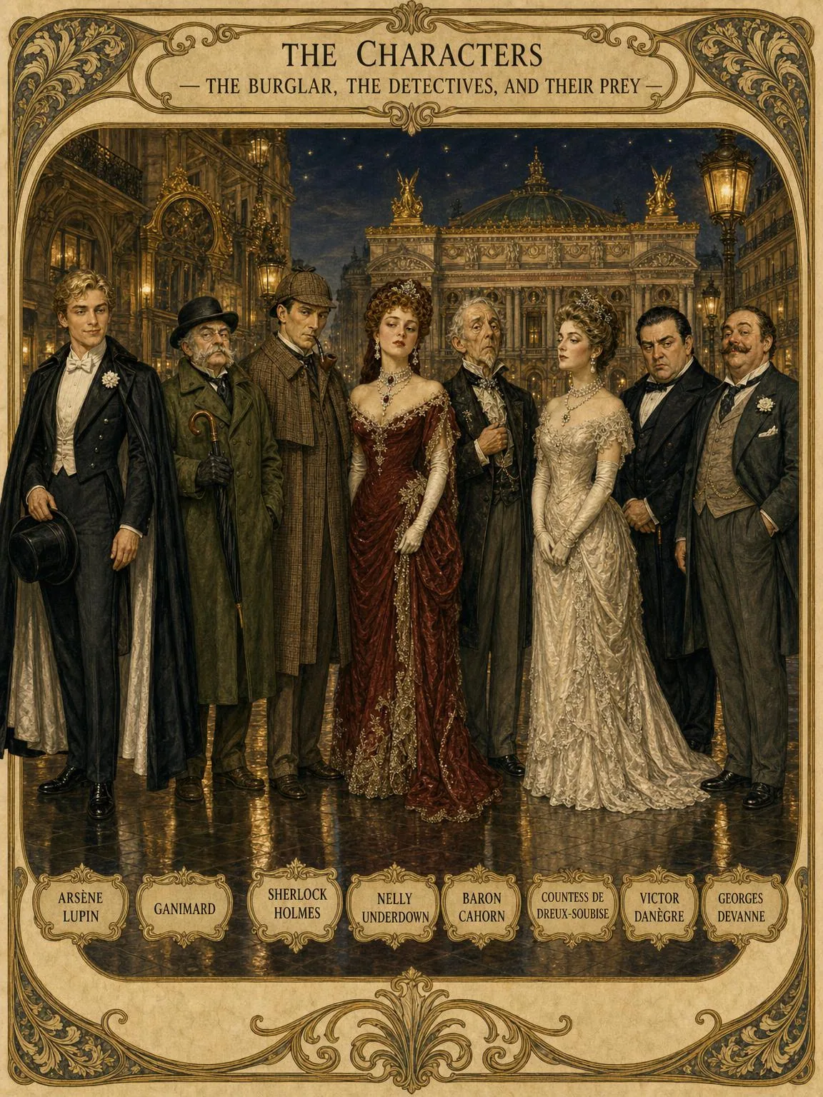 The Characters — the burglar, the detectives, and their prey, at full length.
