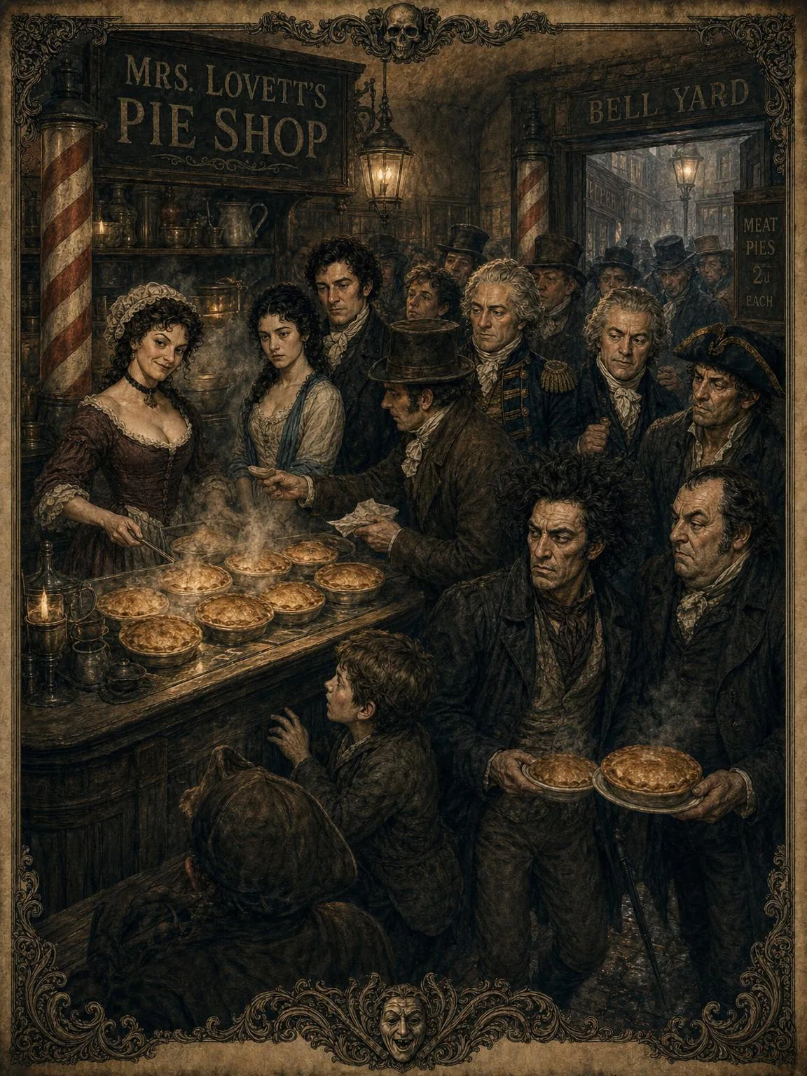Noon in Bell Yard — the crowd and the steaming pies.
