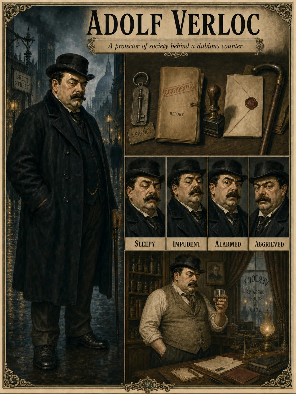 Adolf Verloc: overcoat, sealed reports, shop key, and the expressions of a pressured informer.