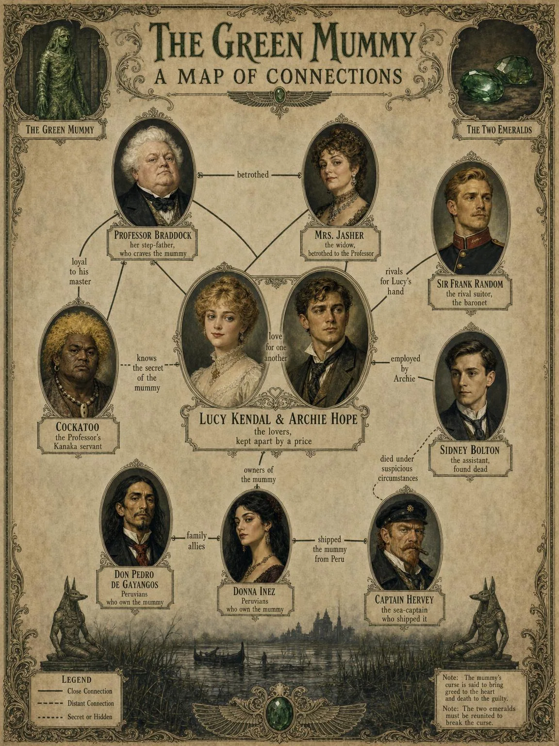 A Map of Connections — the lovers, the widow, the seekers of the emeralds.
