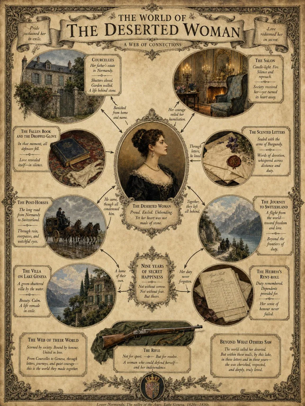 The World of The Deserted Woman — a conceptual web of its people, places, and objects.