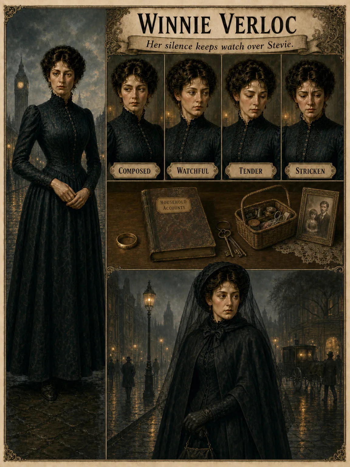 Winnie Verloc: house keys, ledger, wedding ring, and a silence centered on Stevie.