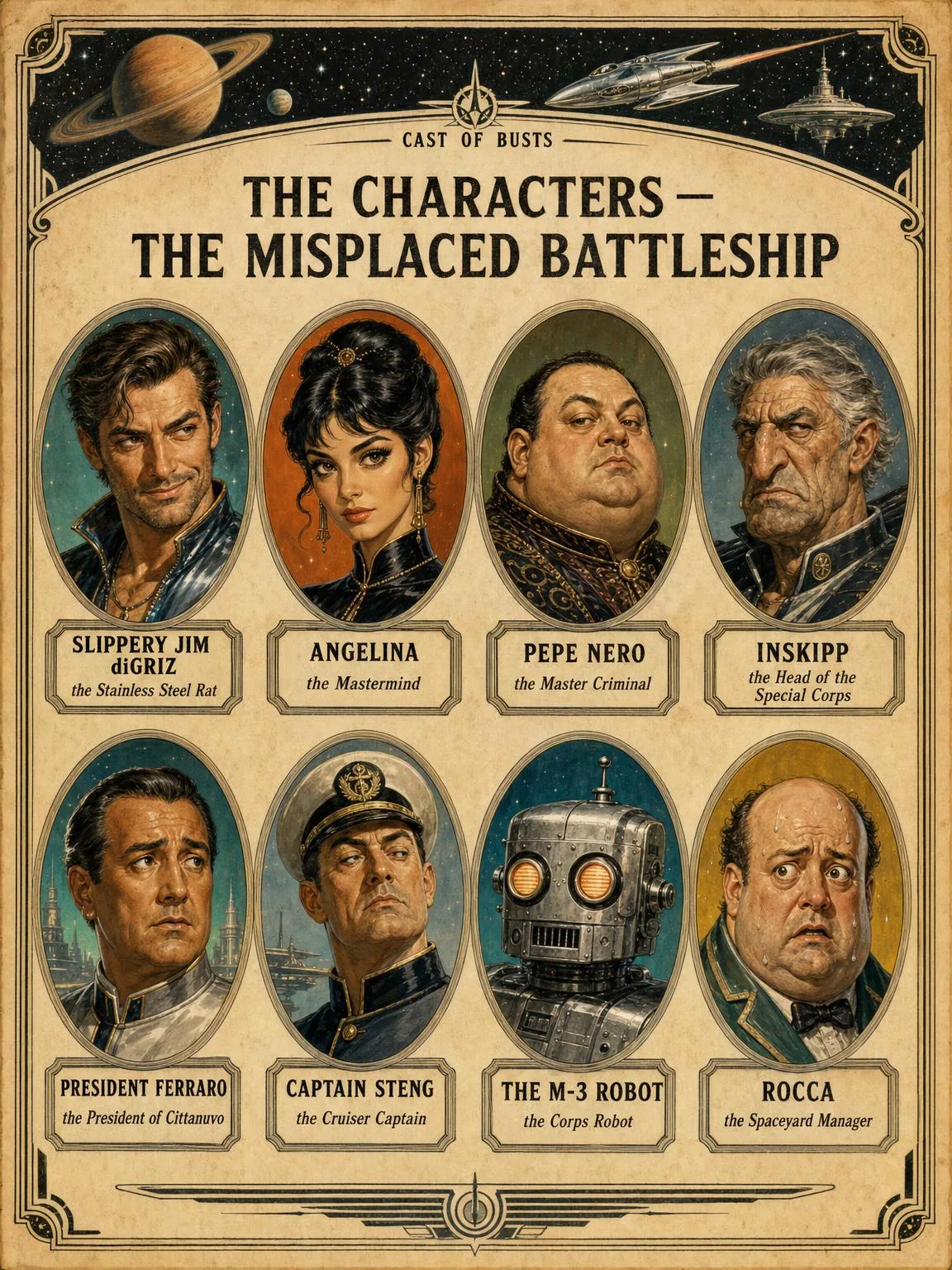 The Characters — the cast of the caper, in medallion.