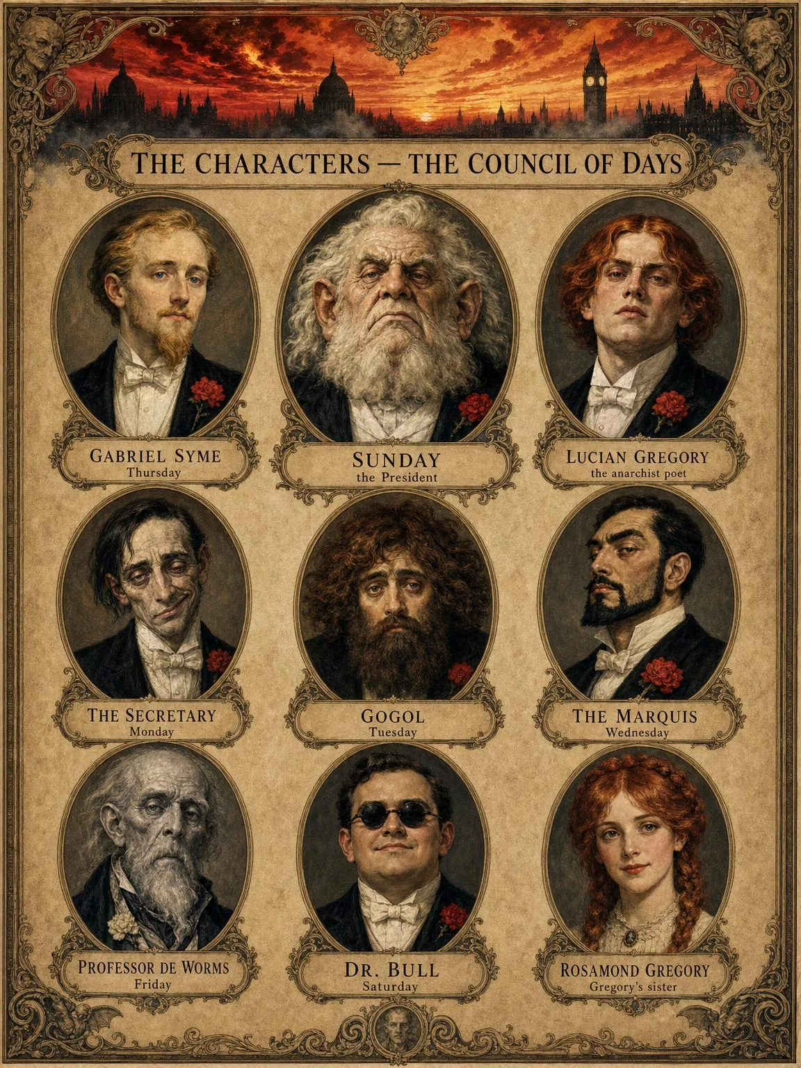 The Characters — the Council of Days, in medallion.