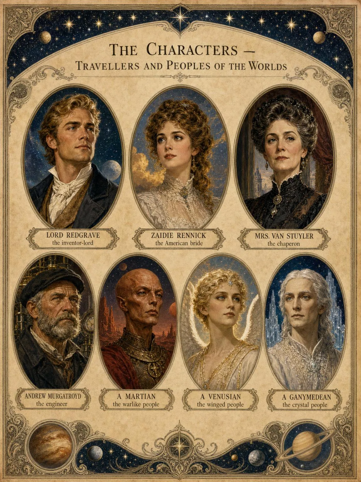 The Characters — the travellers and the peoples of the worlds, in medallion.