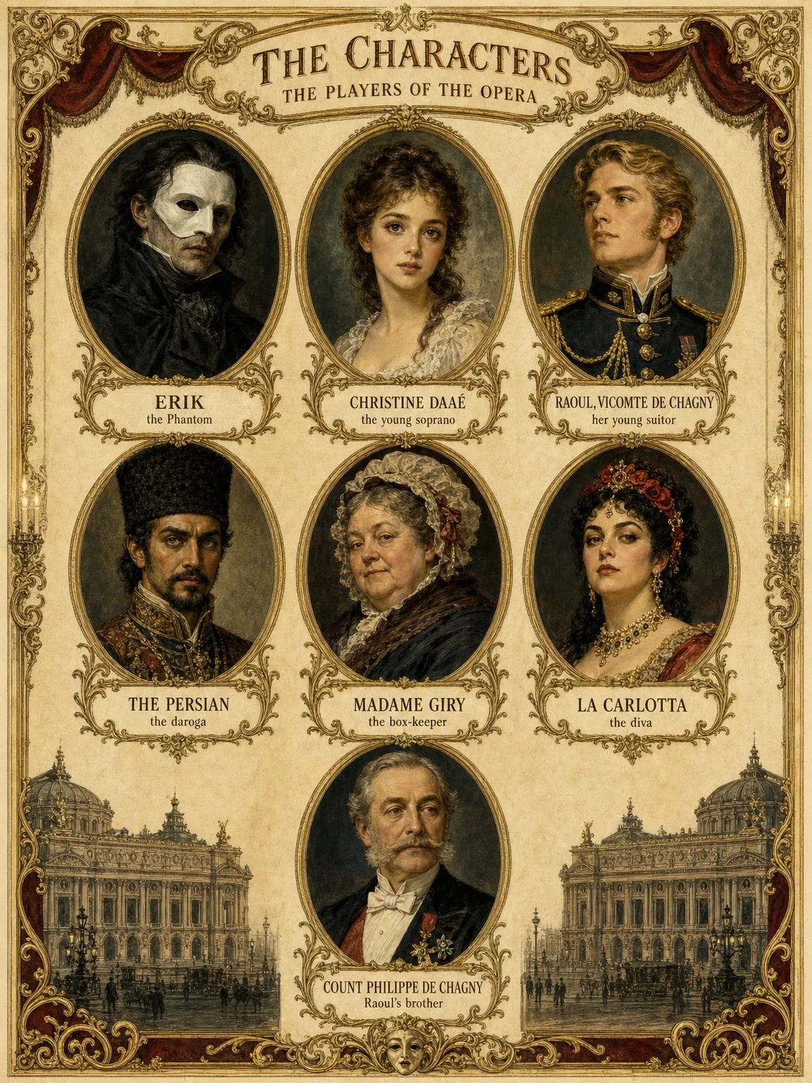 The Characters — the players of the Opera, in medallion.